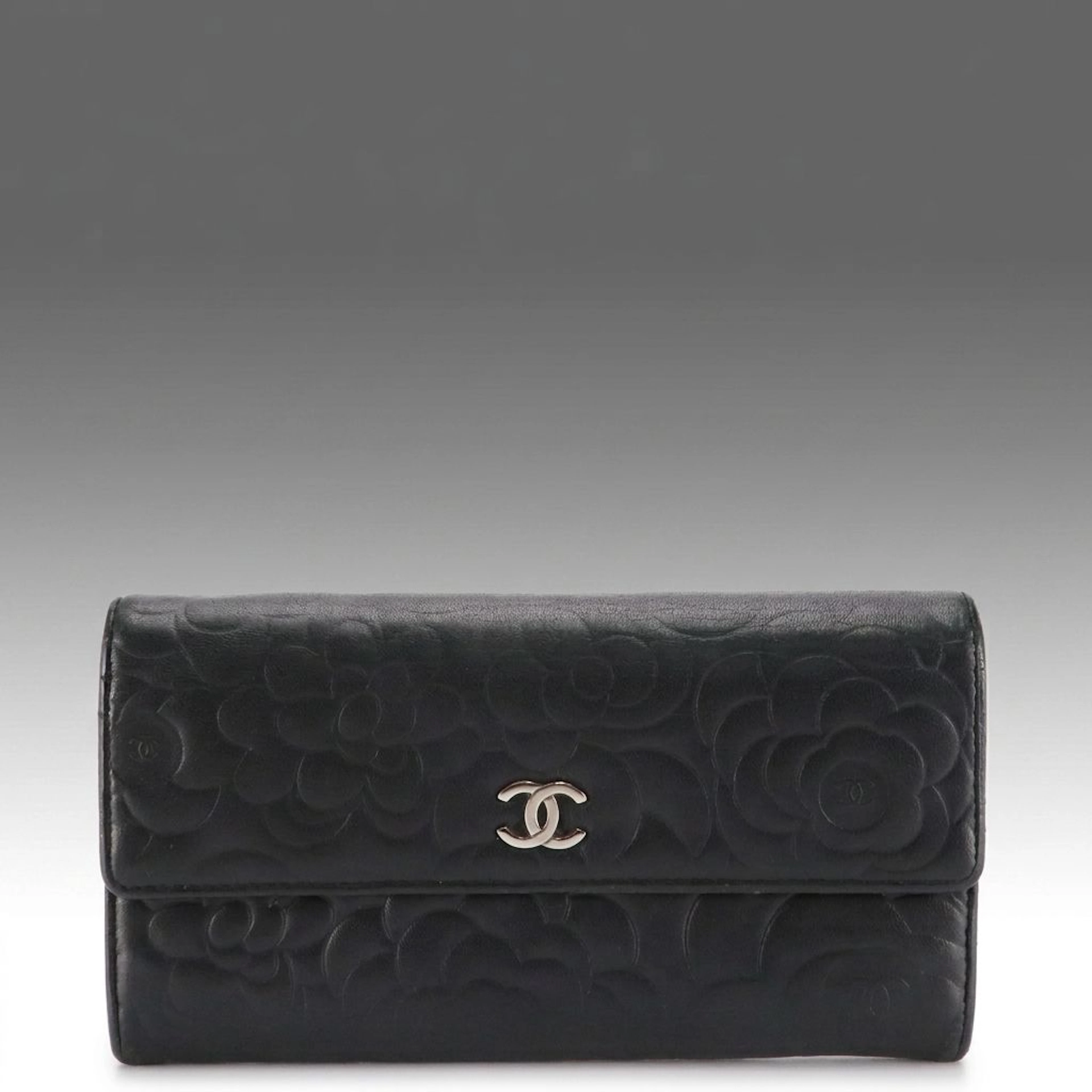 Chanel Black Embossed Camellia Flower Lambskin Flap Wallet with Interlocking CC