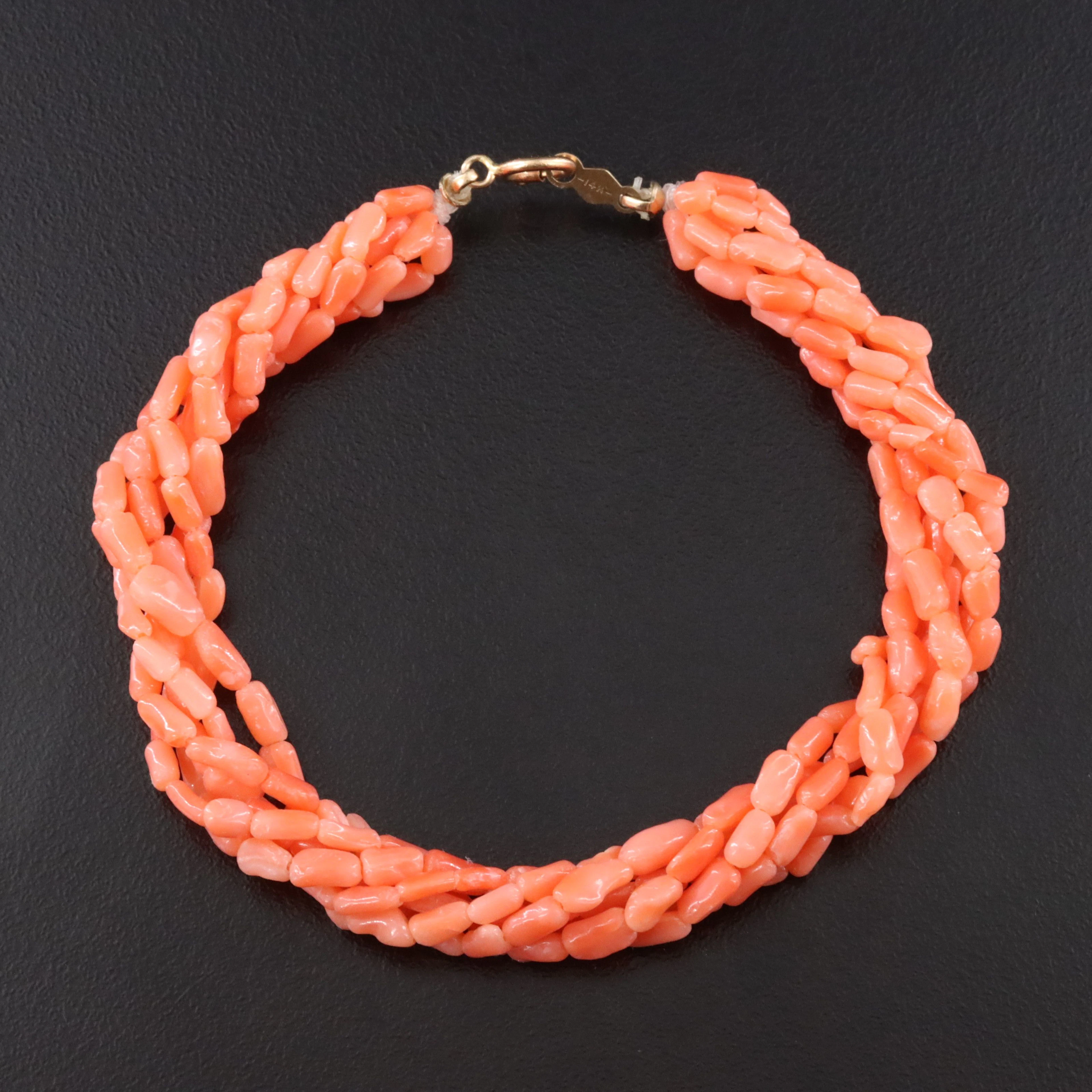 Coral Torsade Bracelet with 14K Clasp