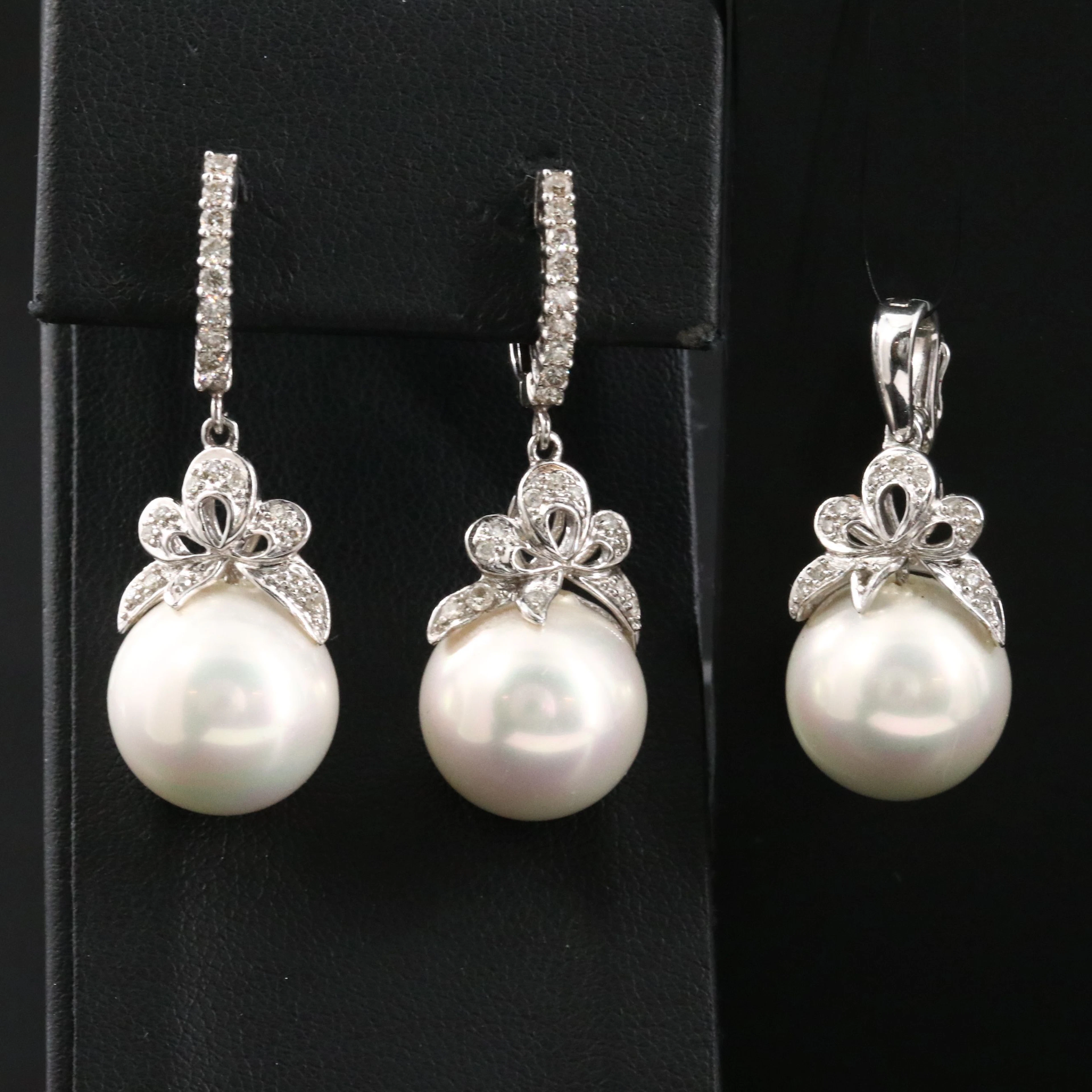 14K Floral Faux Pearl and 0.67 CTW Diamond Drop Earrings and Enhancer Pendant