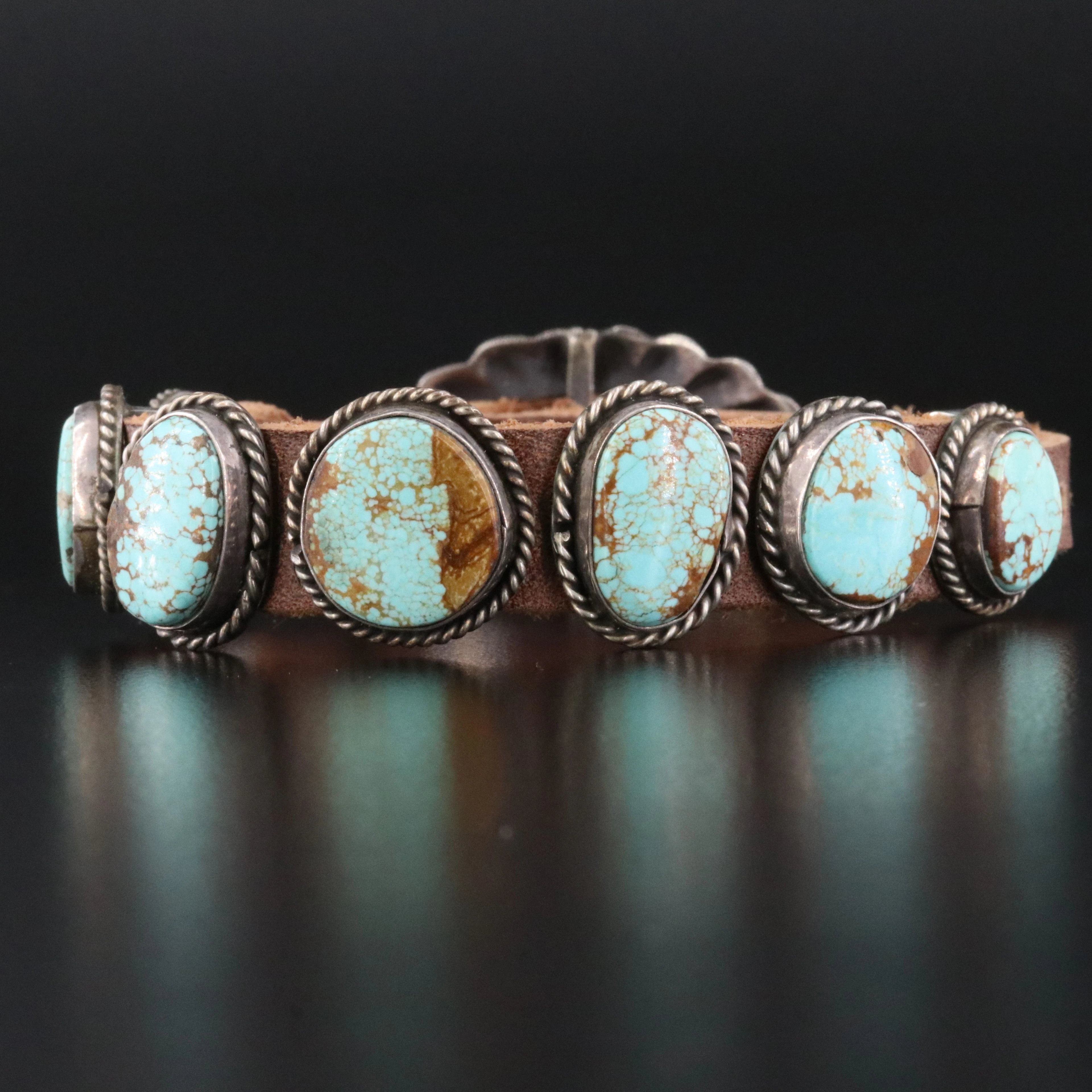 Southwestern Sterling Turquoise and Leather Belt Bracelet