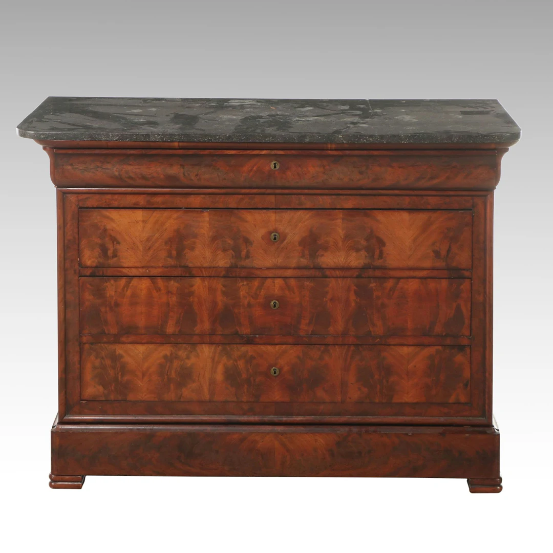 French Louis Philippe Flame Mahogany Commode with Marble Top, 19th Century
