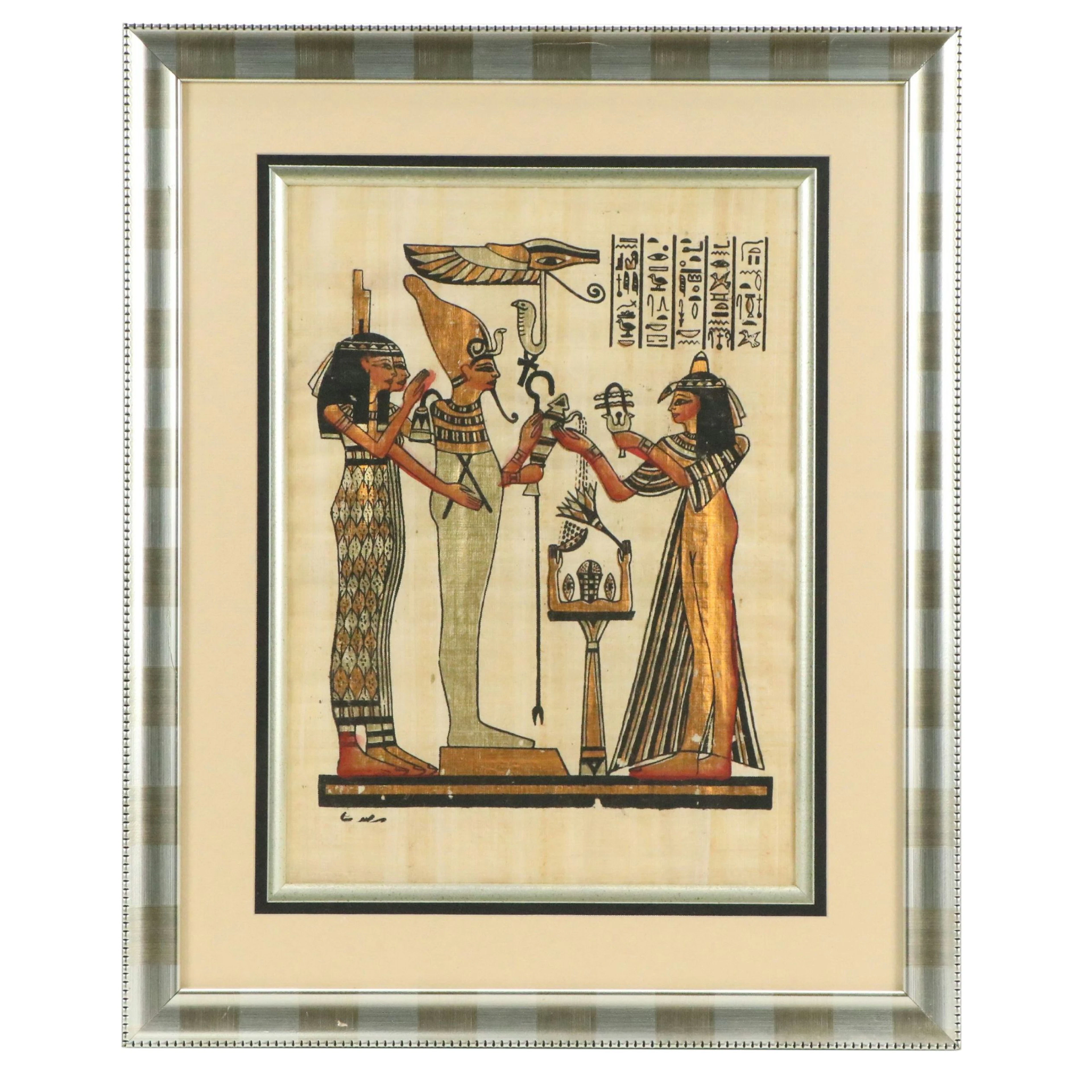 Egyptian Gouache Painting of Deities in Interior Scene