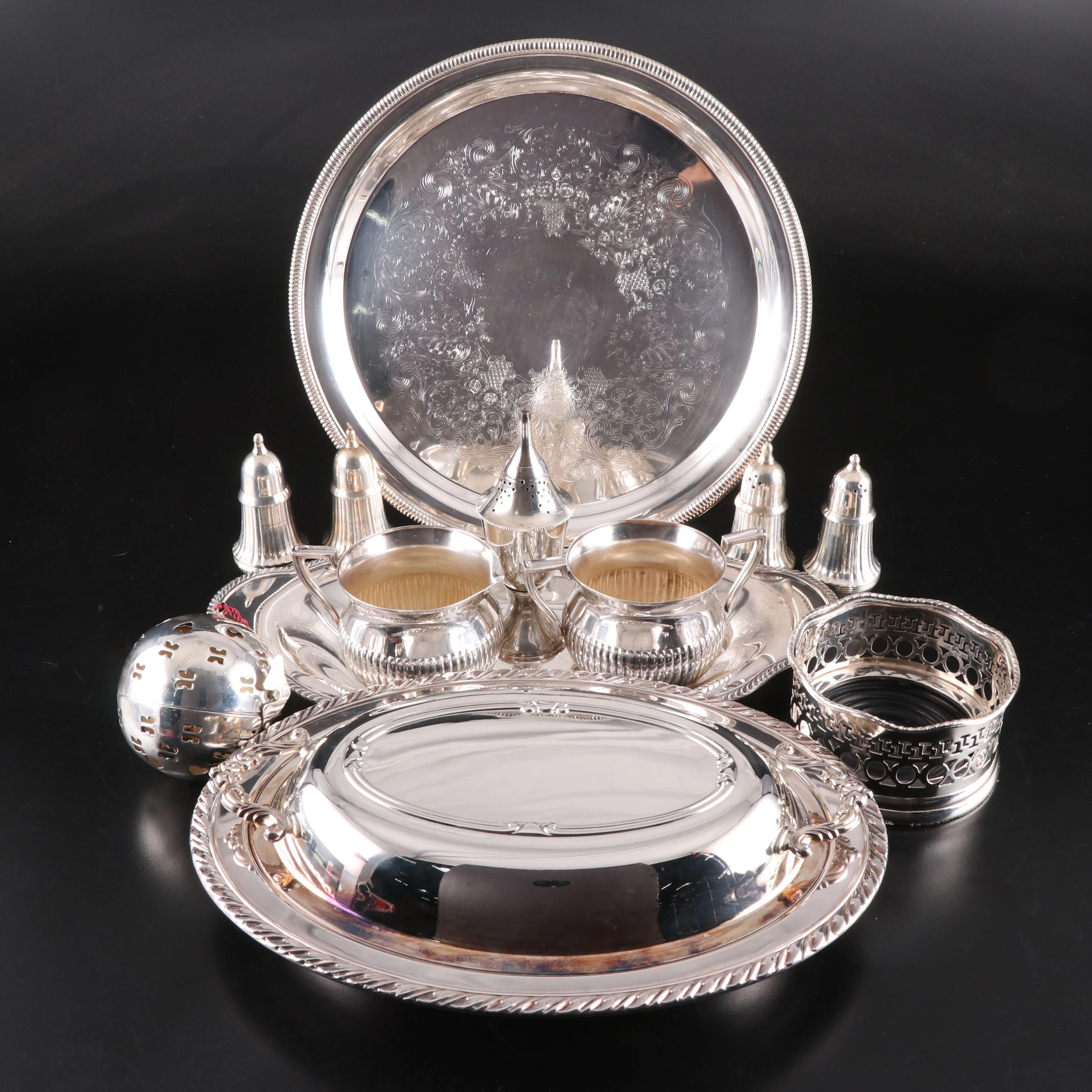 Wm. Rogers Floral Engraved Silver Plate Platter with Other Tableware