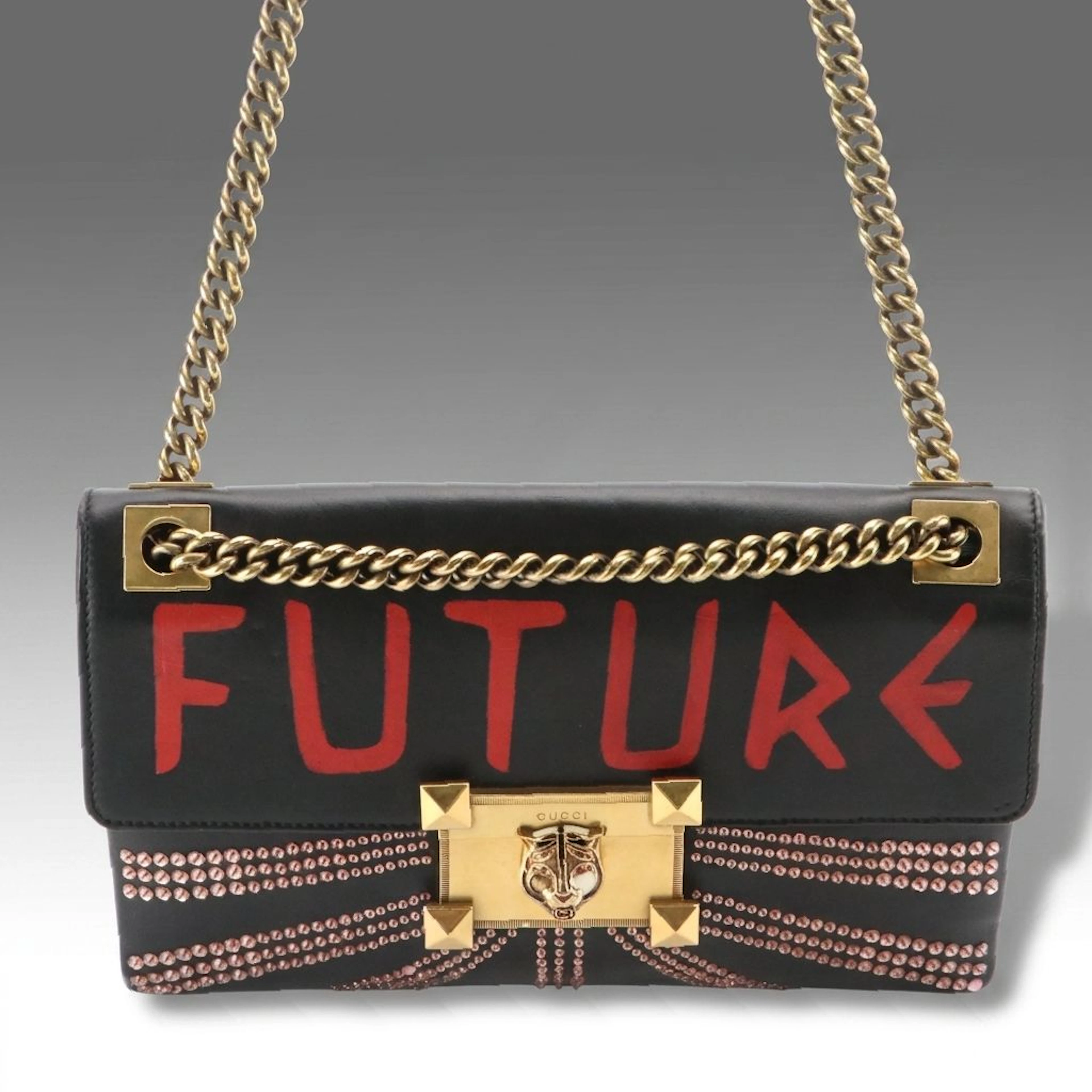 Gucci Osirode Future Chain Strap Bag in Embellished Black Calfskin Leather