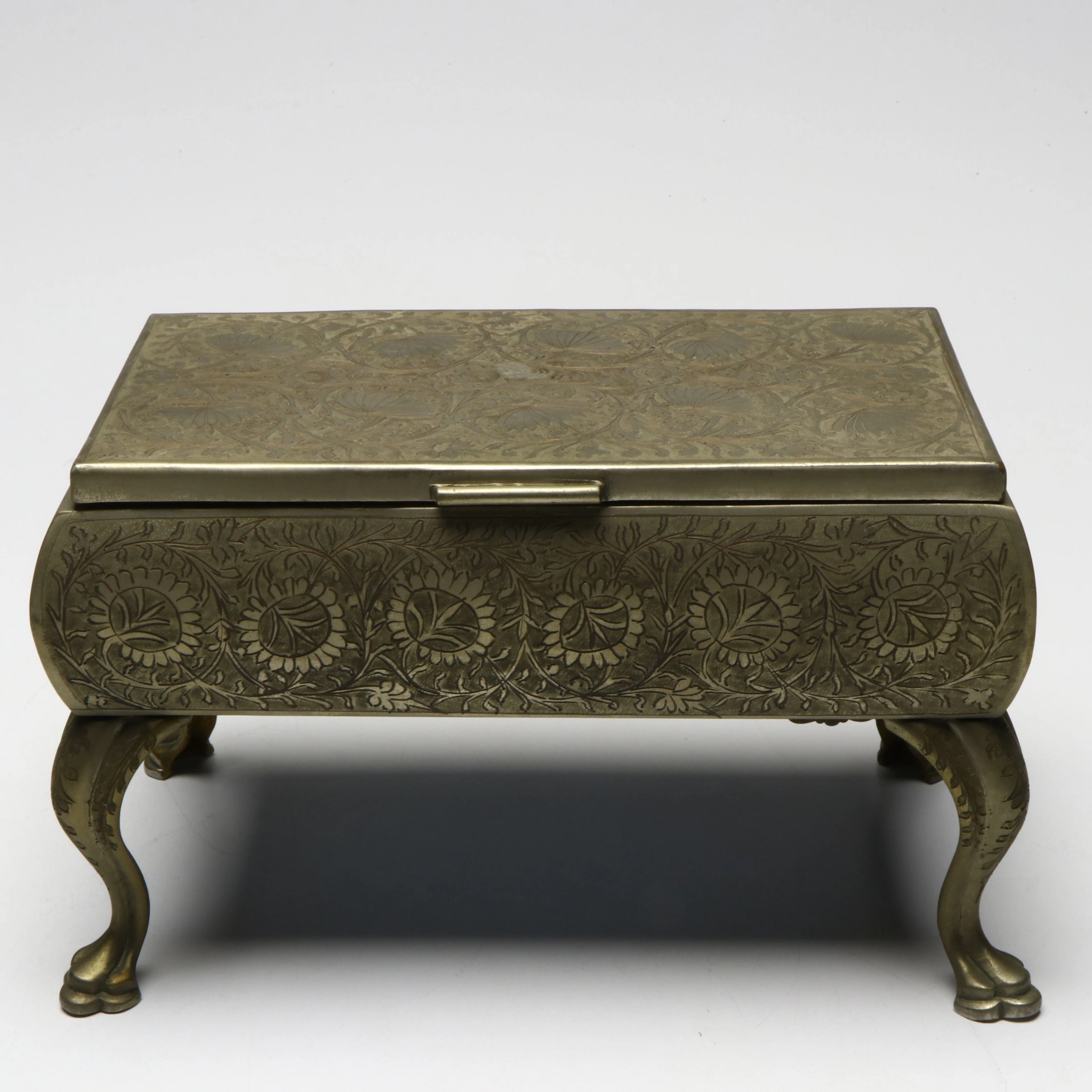Art Nouveau Style Etched Silver Plate Cylinder Music Box. Mid to Late 20th C.