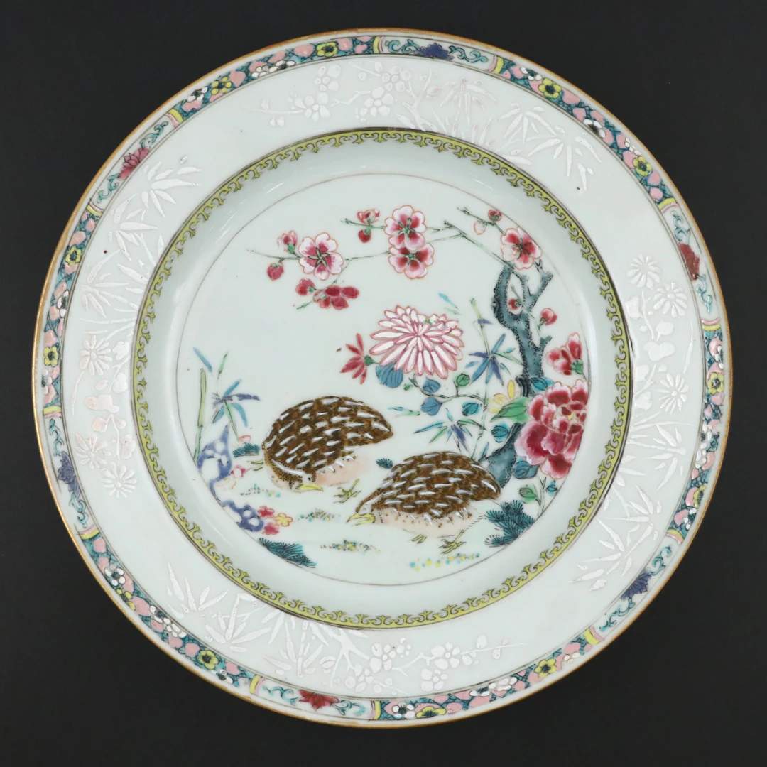 Chinese Export Famille Rose Quail Hand-Painted Porcelain Plate, 18th Century