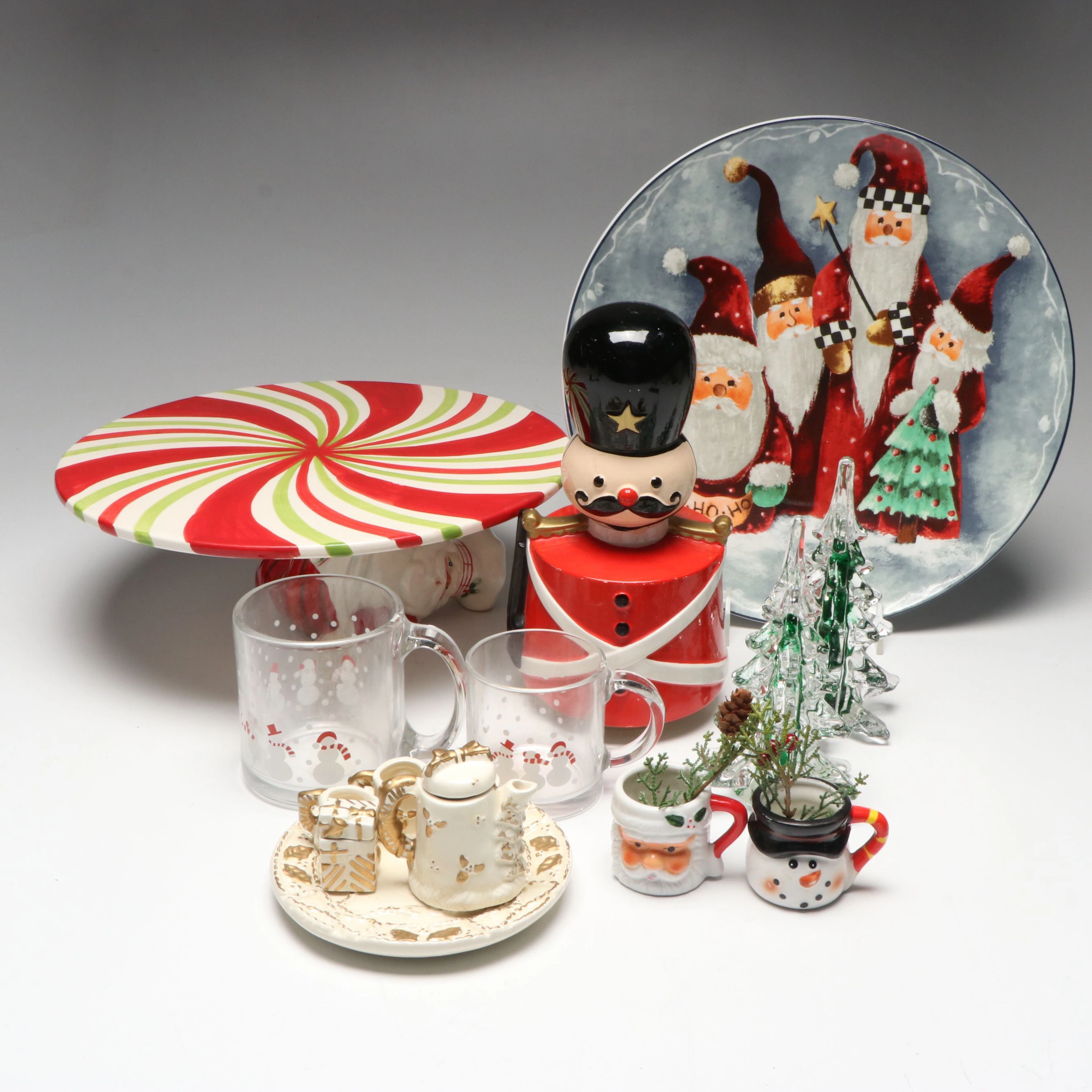 Santa Claus Platter, Miniature Tea Set, Glass Pine Trees and More