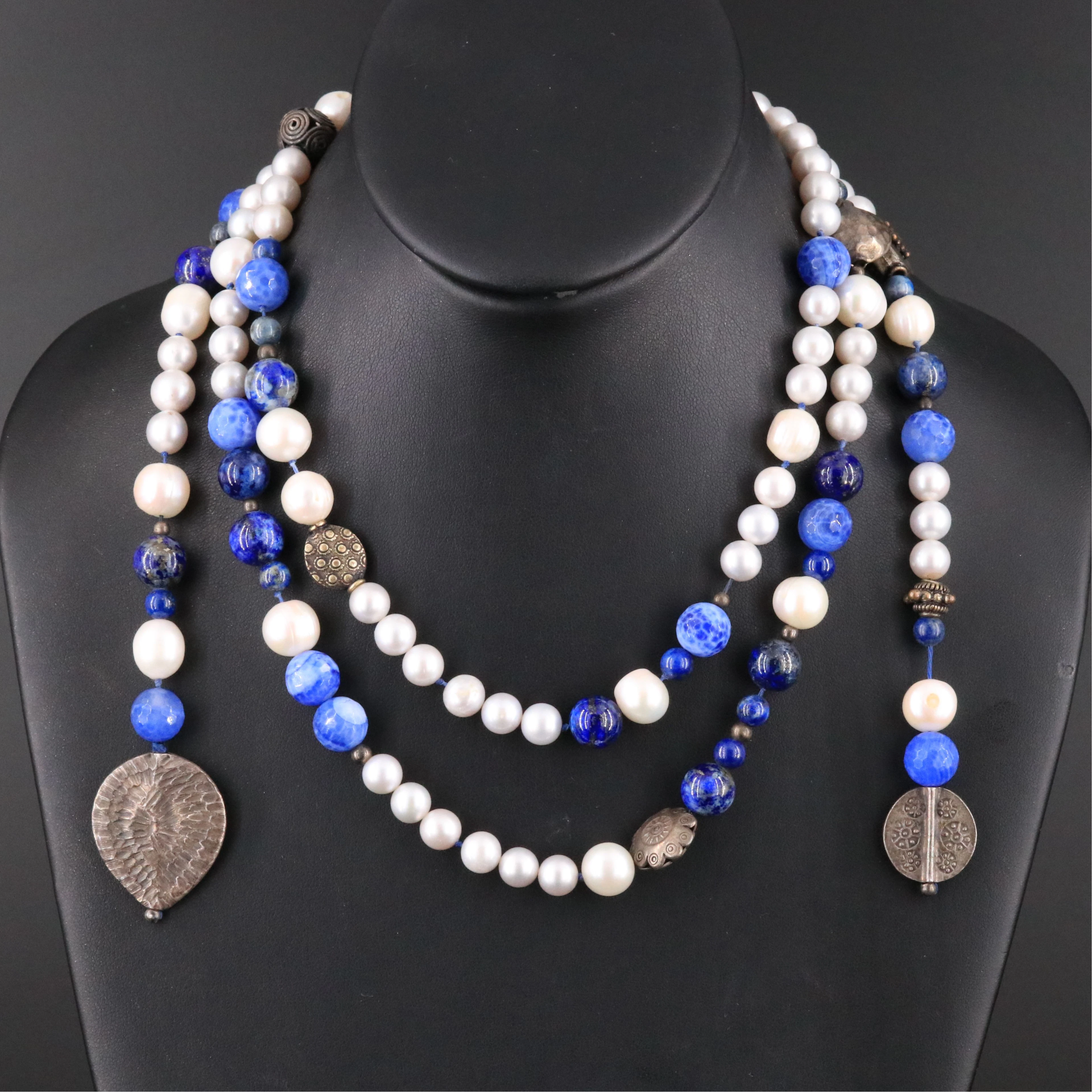 Pearl, Lapis Lazuli and Blue Agate Bead Lariat Necklace with Sterling