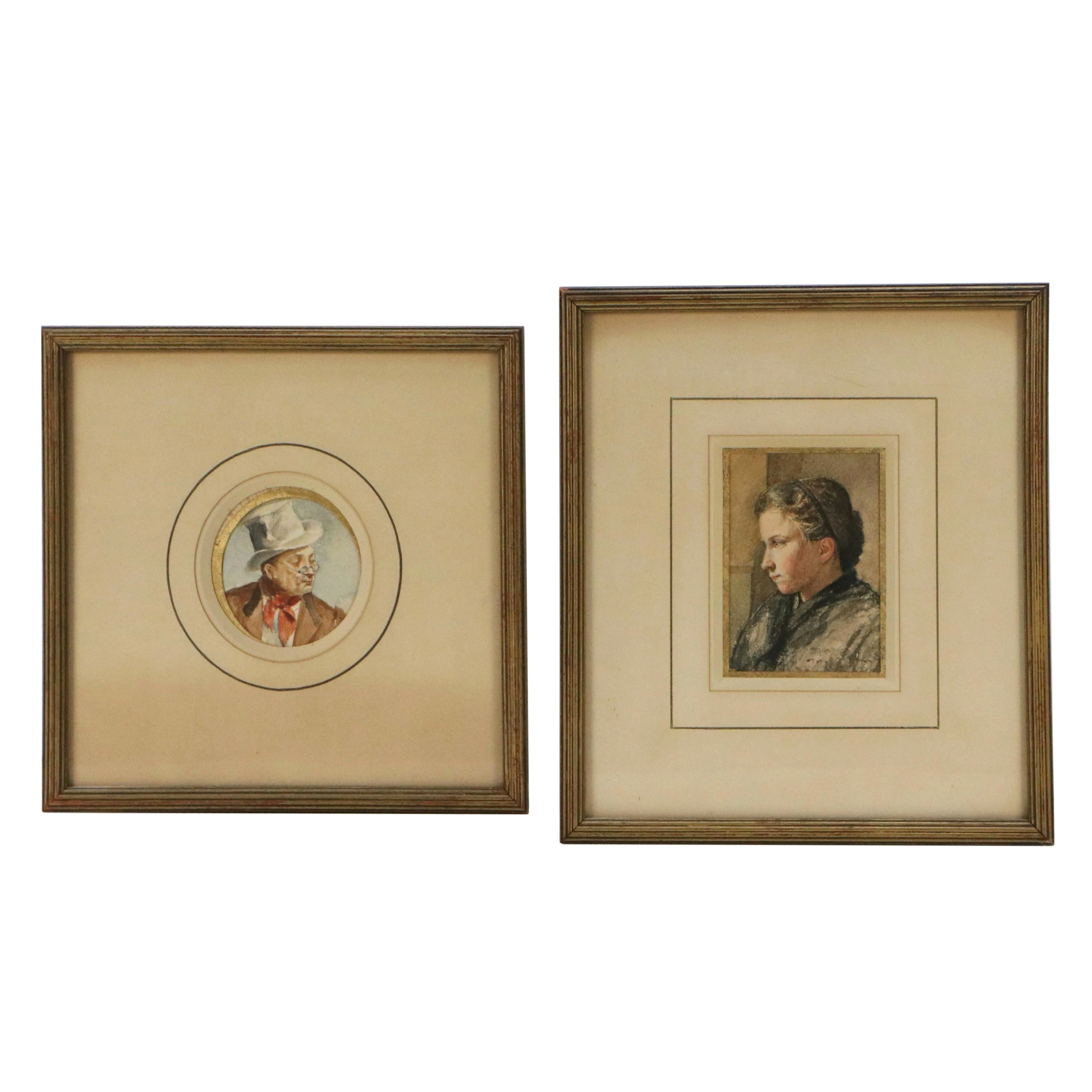 Pair of Portrait Watercolor Paintings of Young Girl and Man in Hat