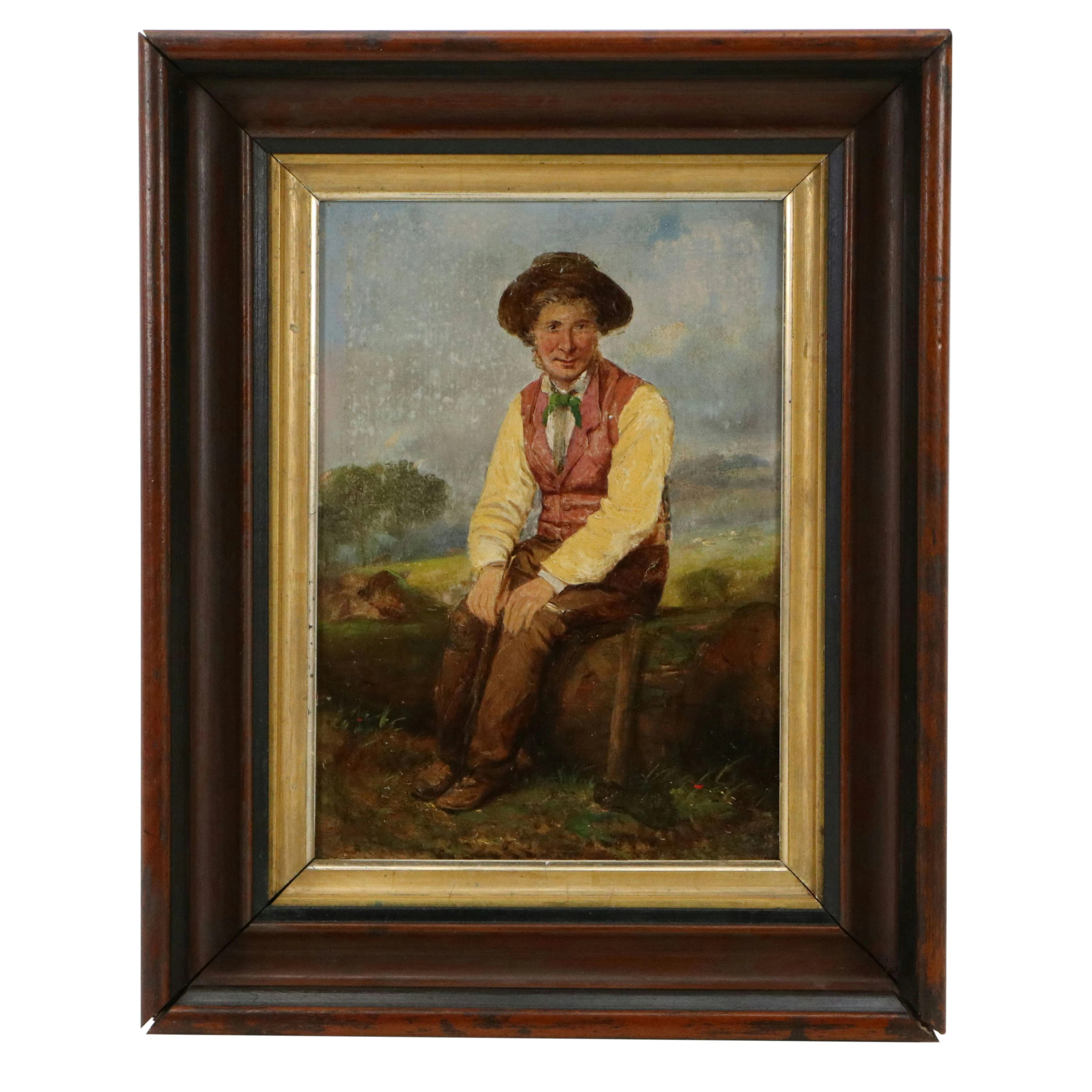 Charles Henry Cook Oil Portrait of Man Seated on Log, 19th Century