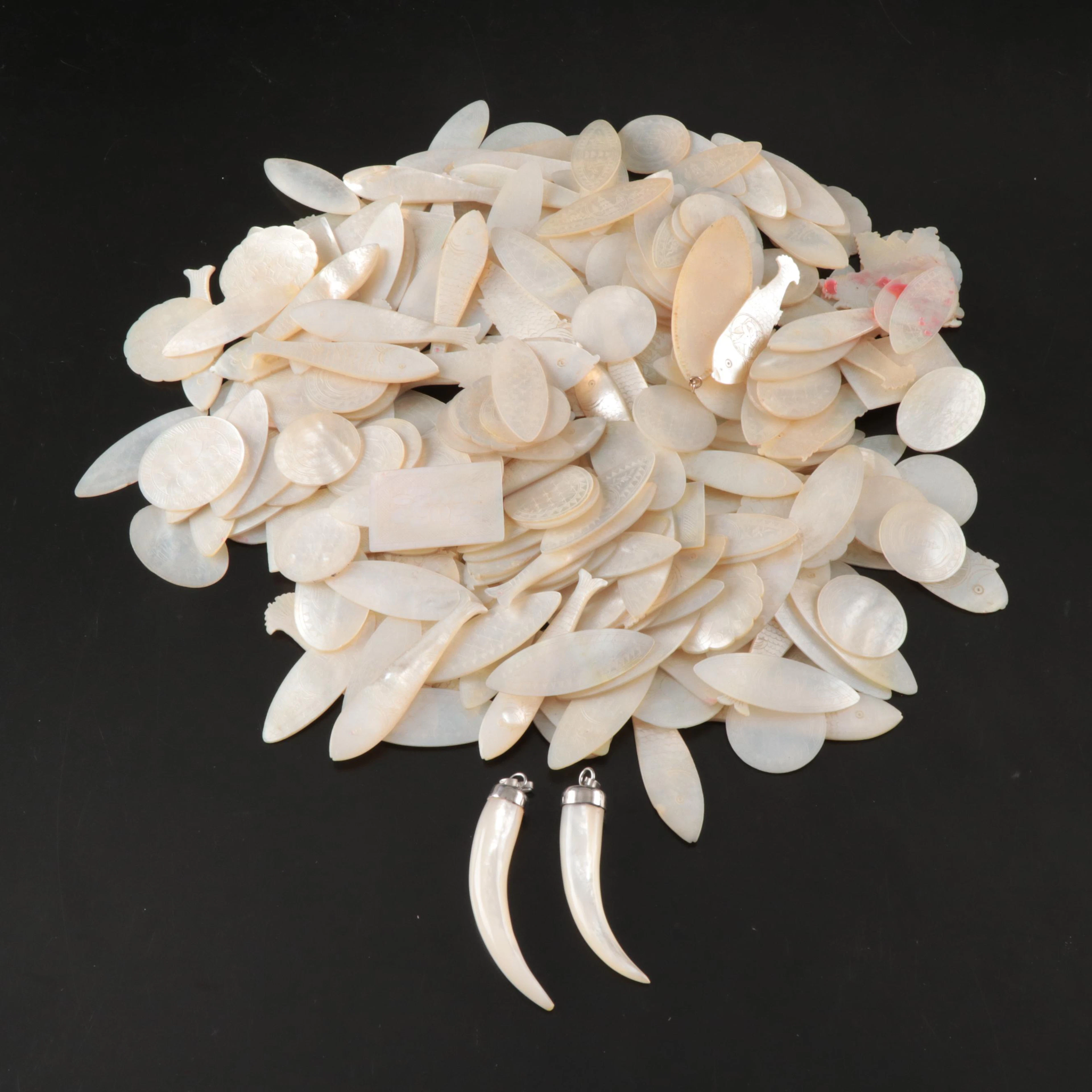 Chinese Carved and Etched Capiz Shell Gaming Counters and MOP Tokens