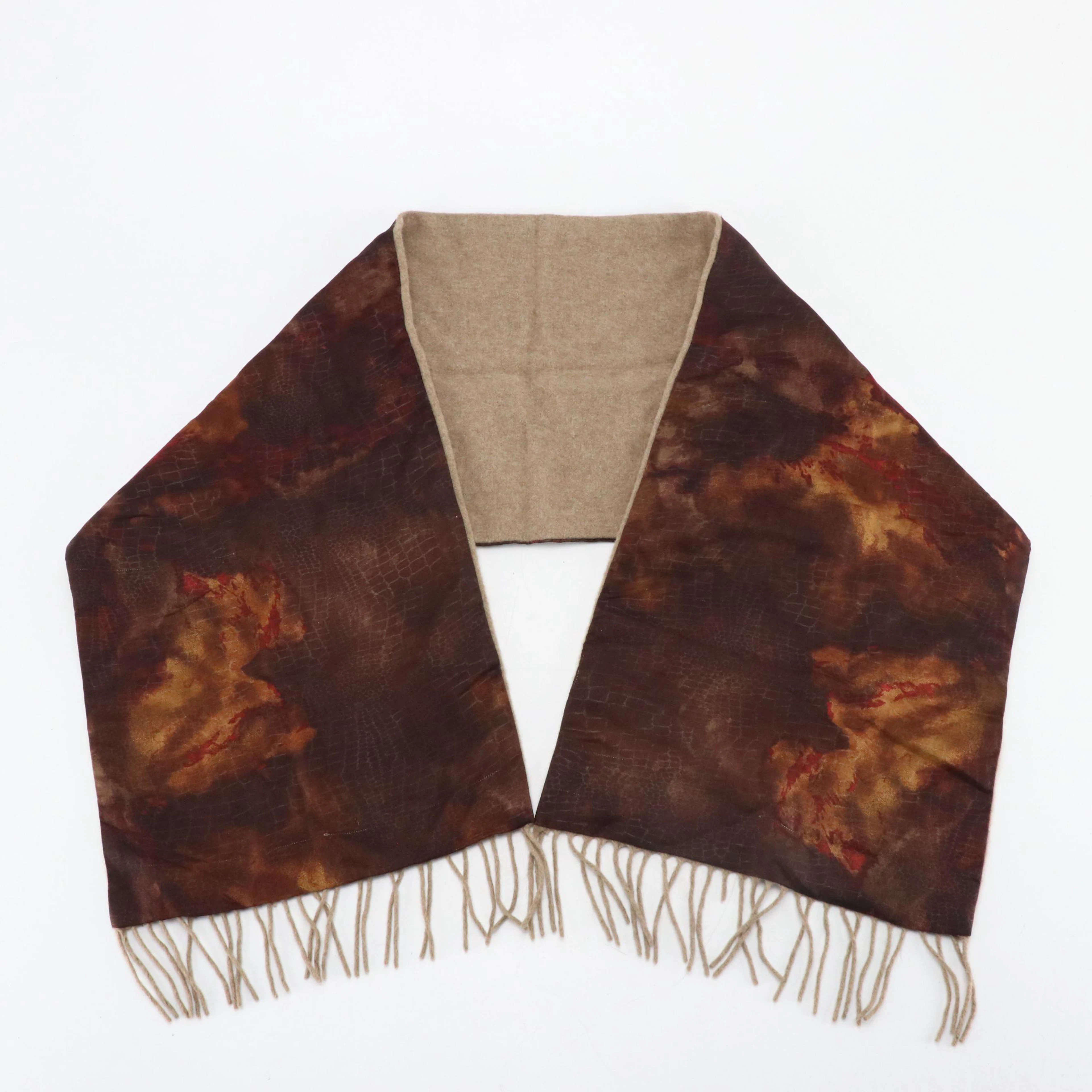 ETRO Printed Silk and Beige Cashmere/Wool Blend Reversible Fringe Scarf