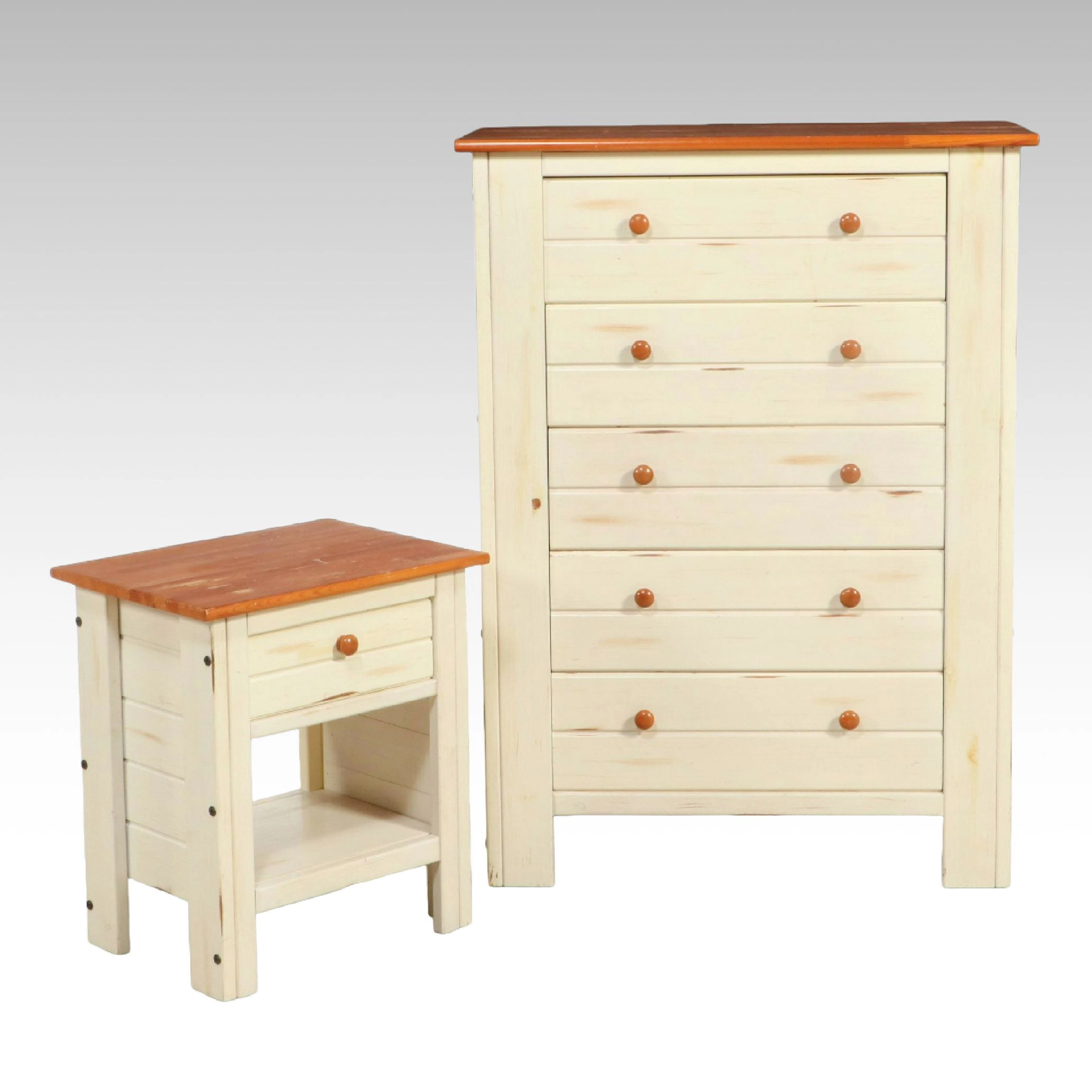 Rustic Style Parcel-Painted Pine Chest of Drawers and Nightstand