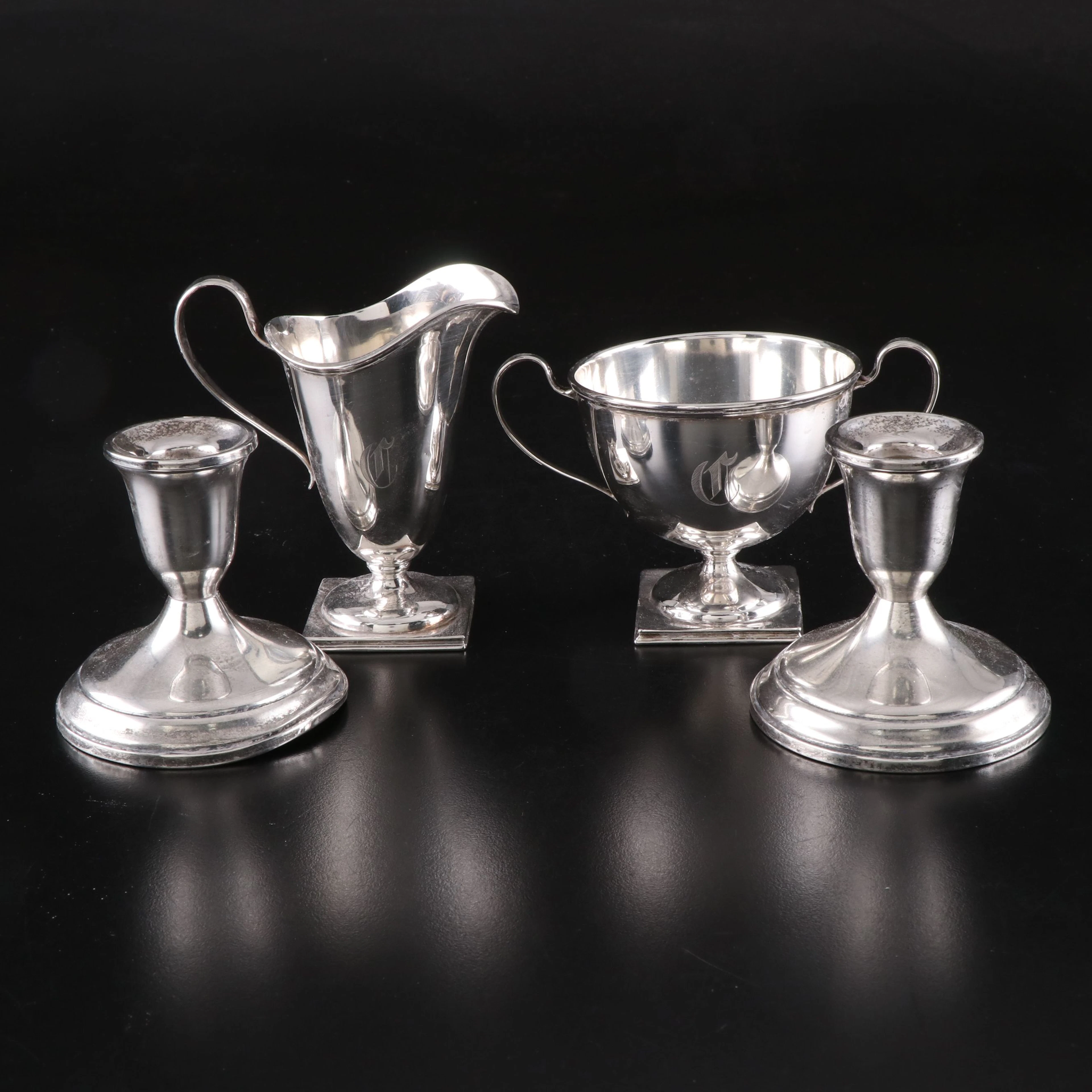 Lebkuecher & Co. Sterling Silver Cream and Sugar Set with Towle Candlesticks
