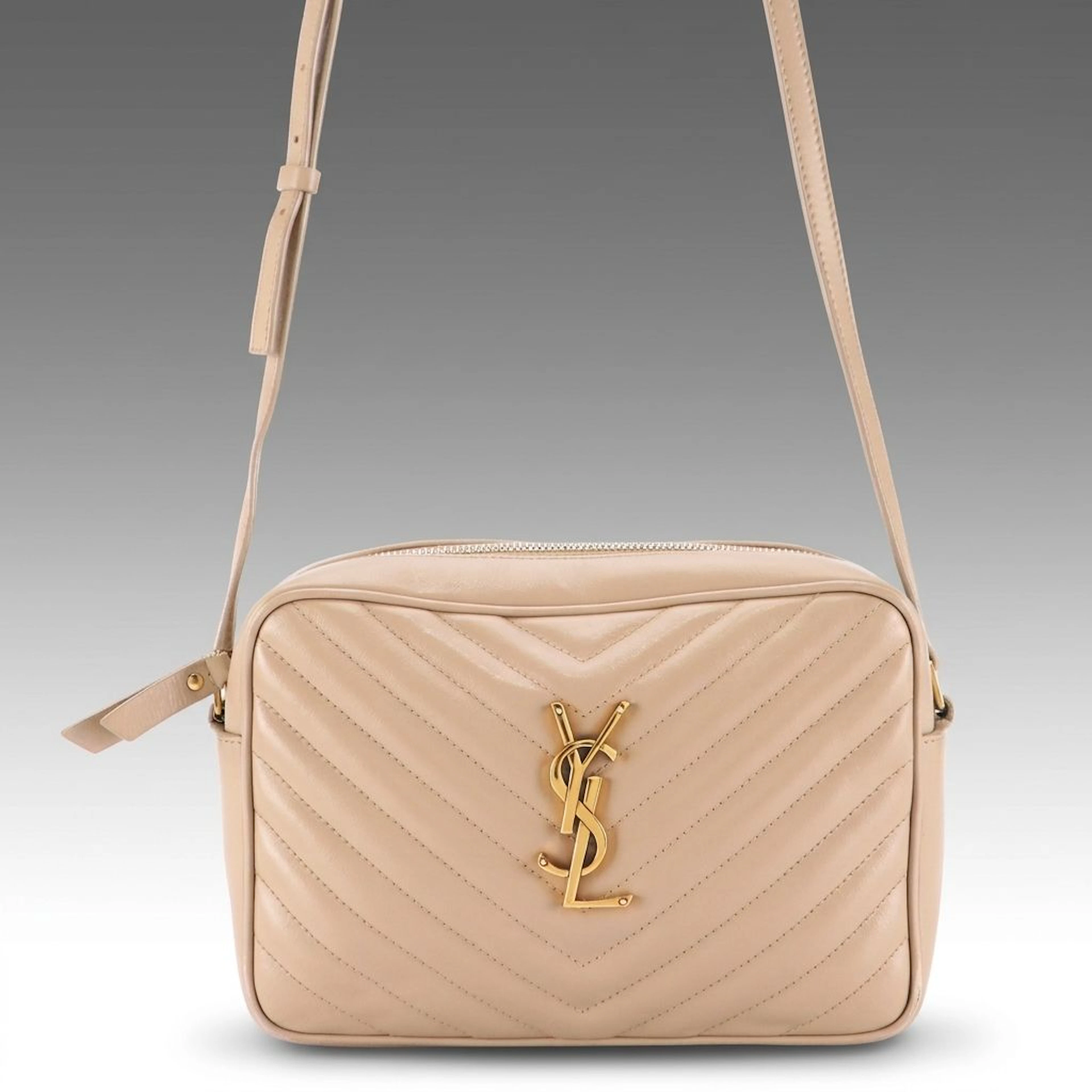 Yves Saint Laurent Lou Camera Crossbody Bag in Neutral Chevron Quilted Leather