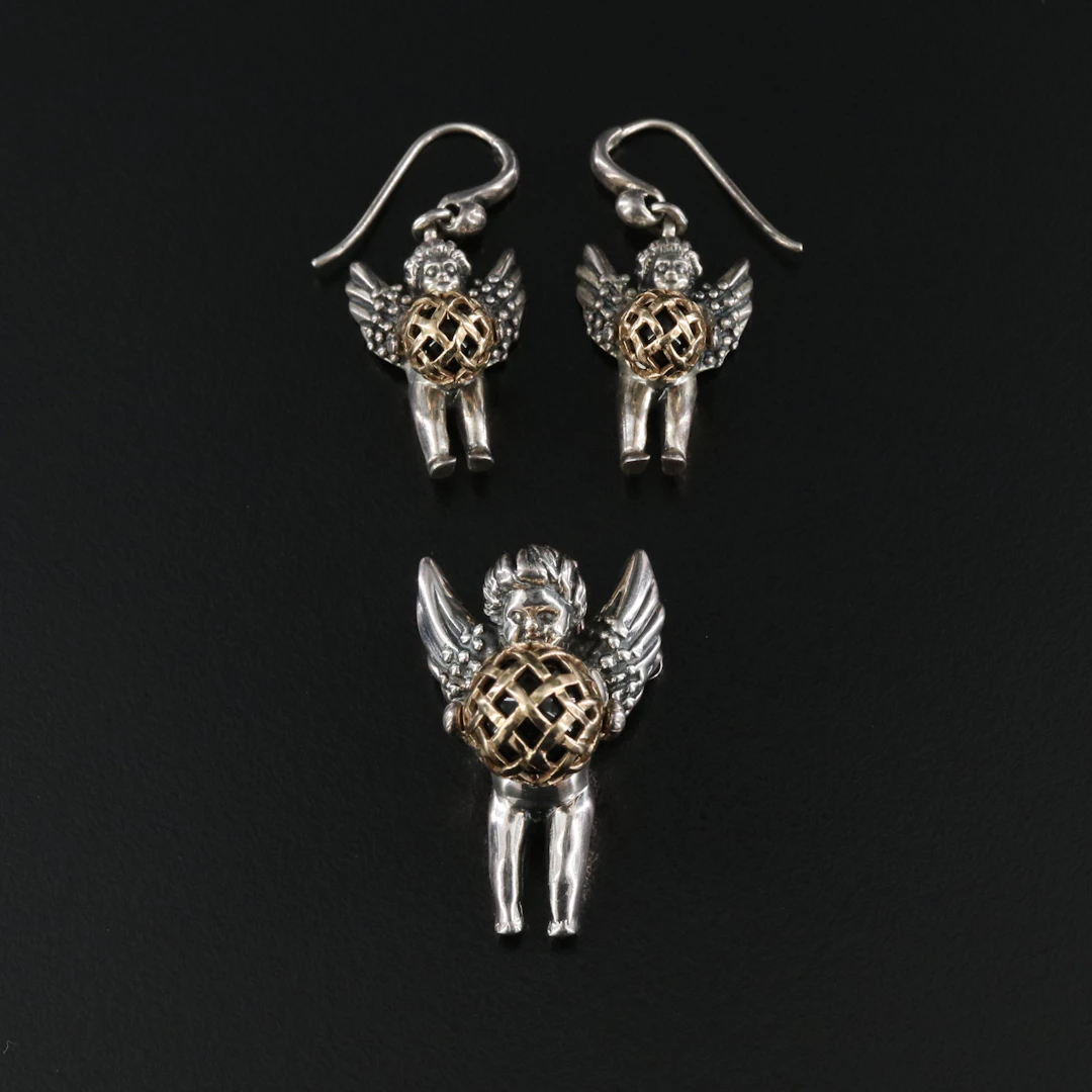 Barry Kieselstein-Cord Sterling Cherub Earrings and Pendant with 14K Accents