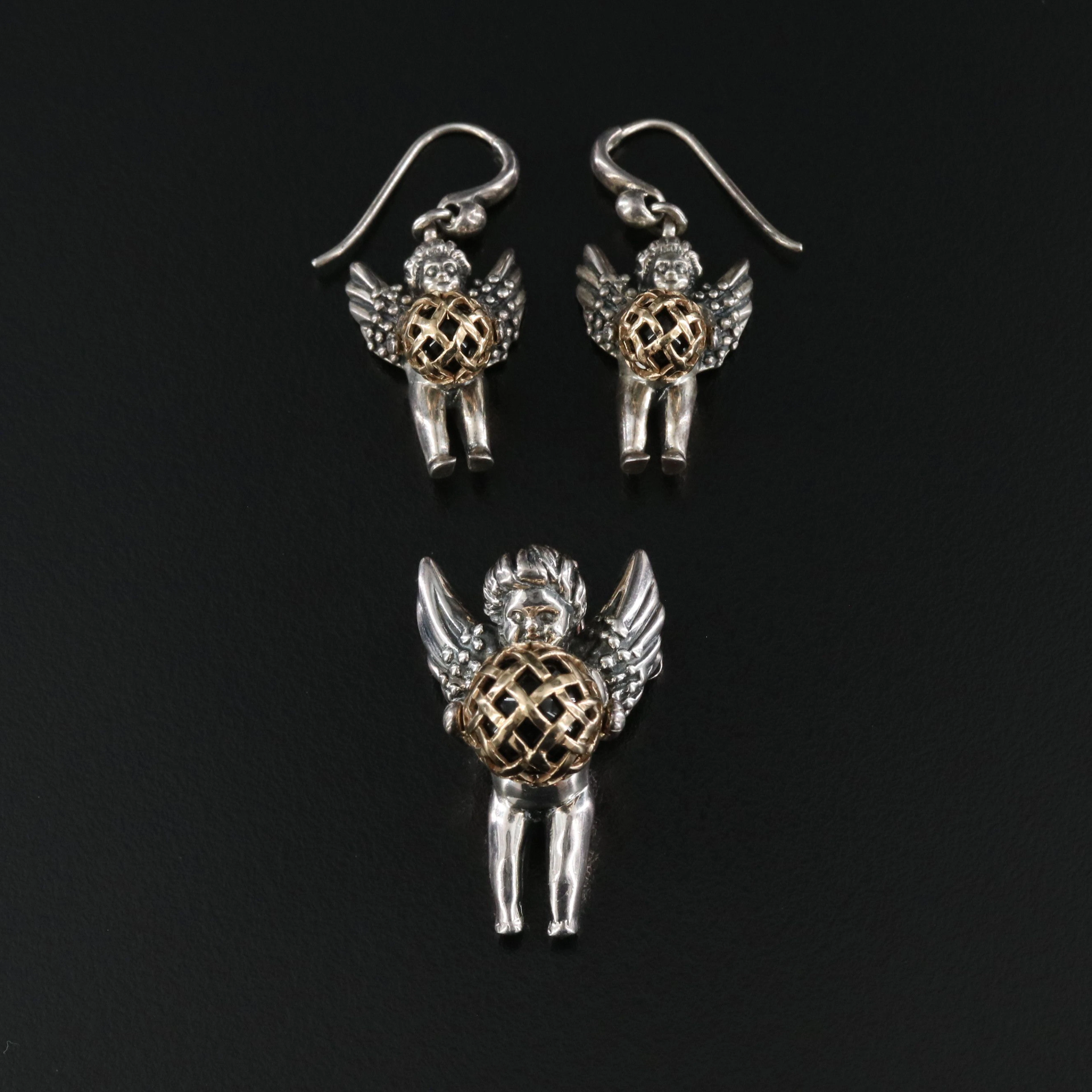 Barry Kieselstein-Cord Sterling Cherub Earrings and Pendant with 14K Accents