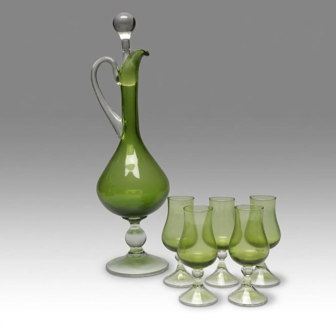 Mid Century Modern Murano Style Green and Clear Glass Decanter and Glasses