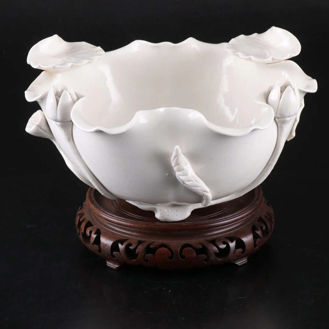 Chinese Blanc de Chine Porcelain Lotus Blossom Bowl and Wood Stand