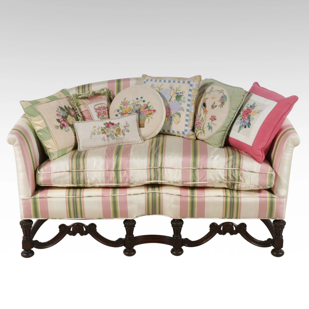 Baroque Style Carved Walnut and Custom-Upholstered Settee with Accent Pillows