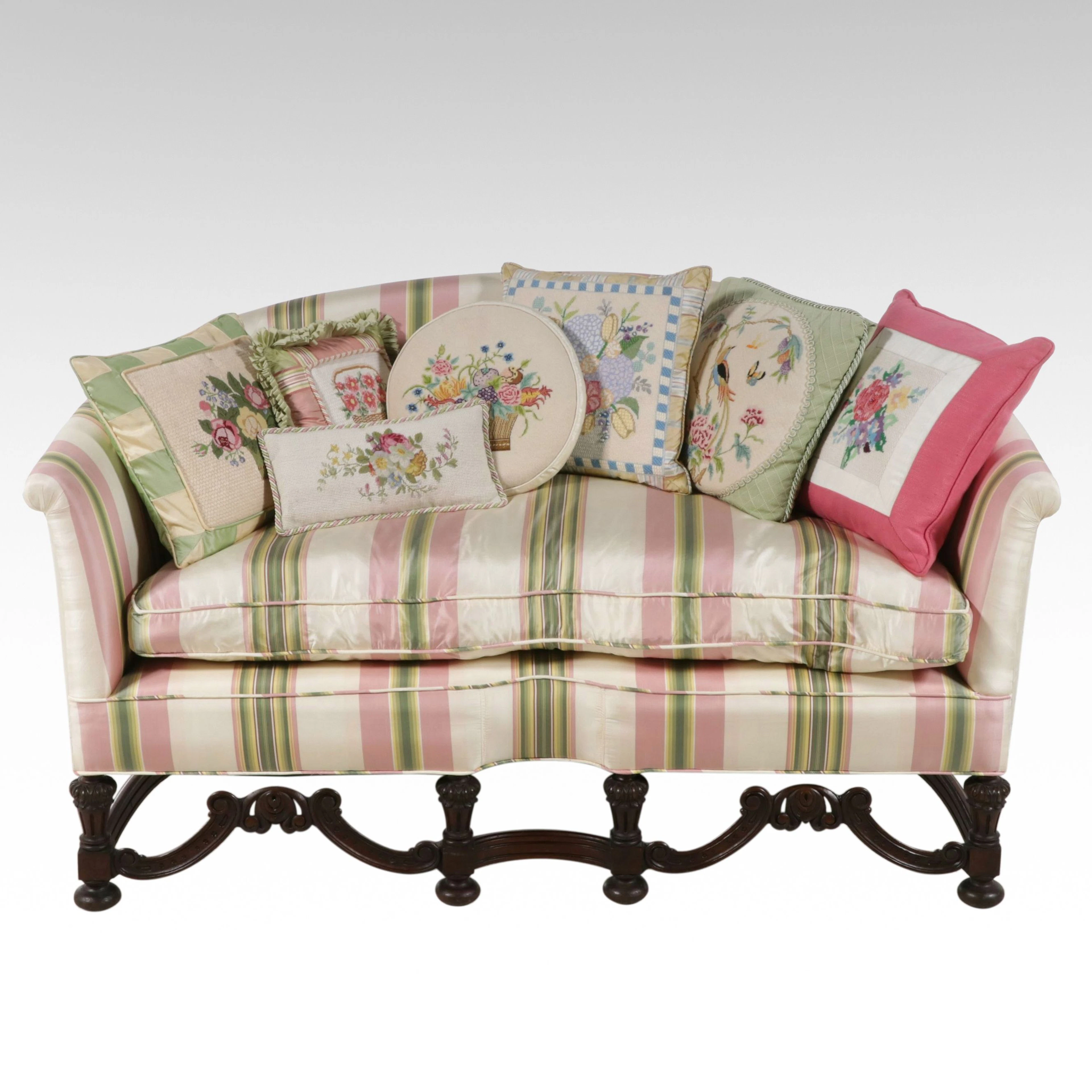 Baroque Style Carved Walnut and Custom-Upholstered Settee with Accent Pillows