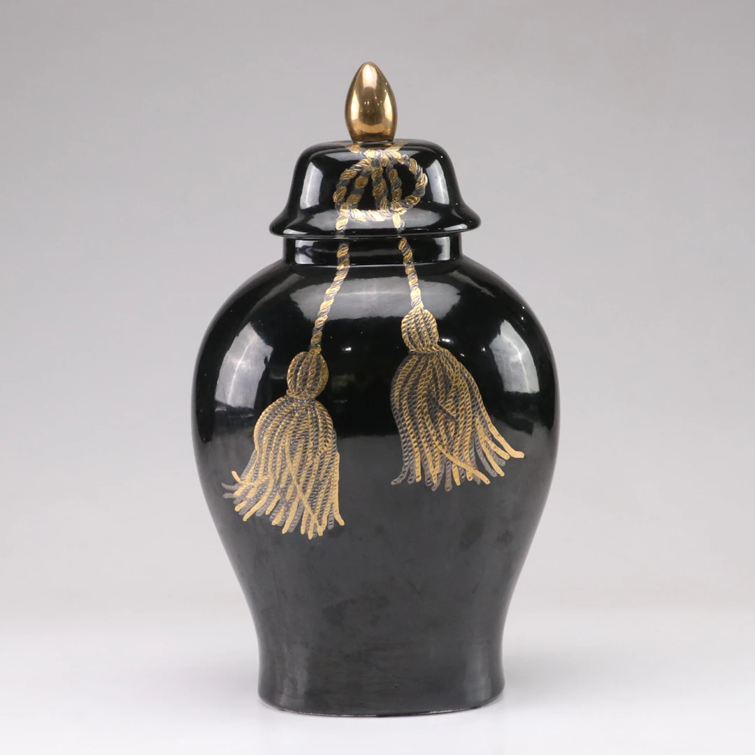 Black and Gilt Painted Lidded Temple Urn