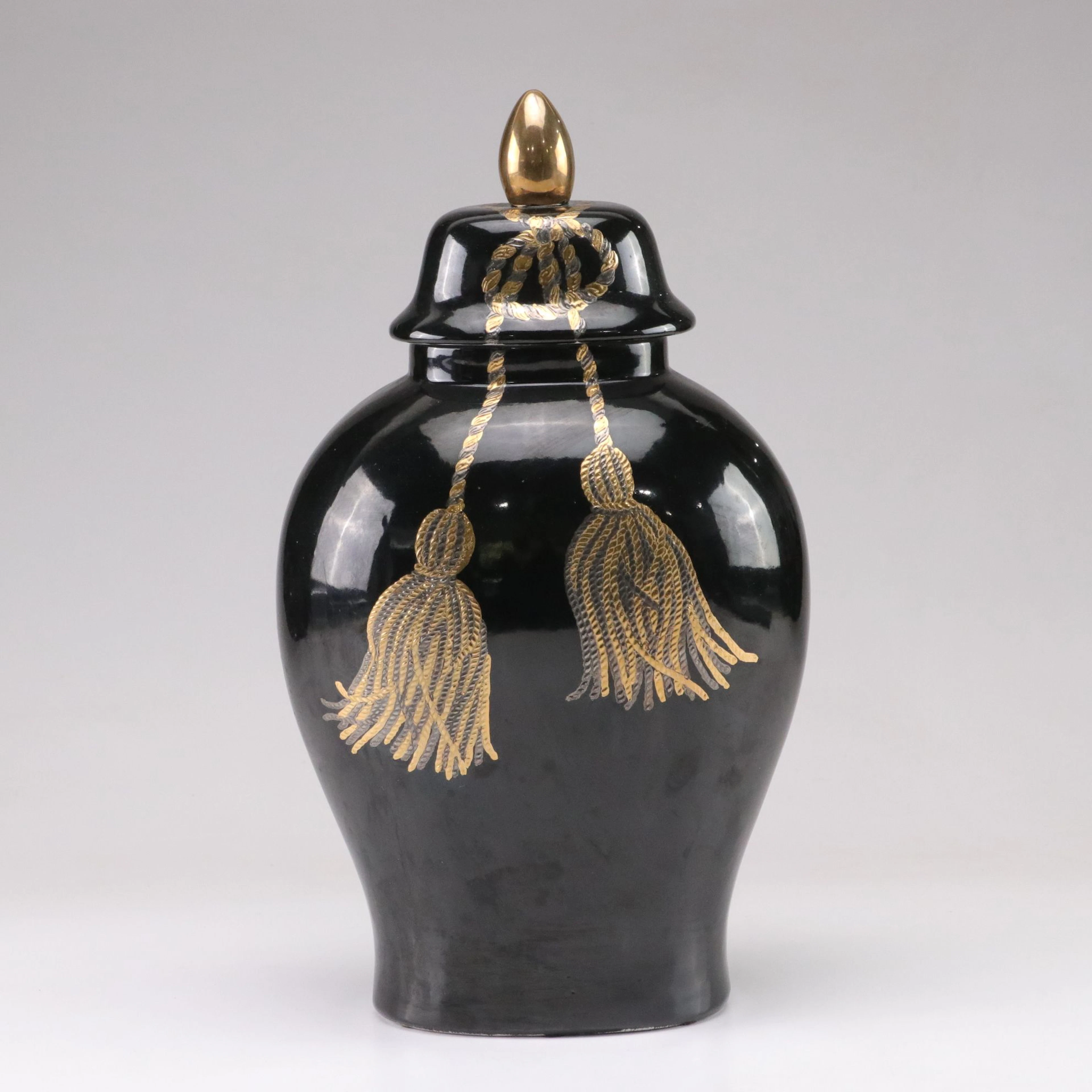 Black and Gilt Painted Lidded Temple Urn