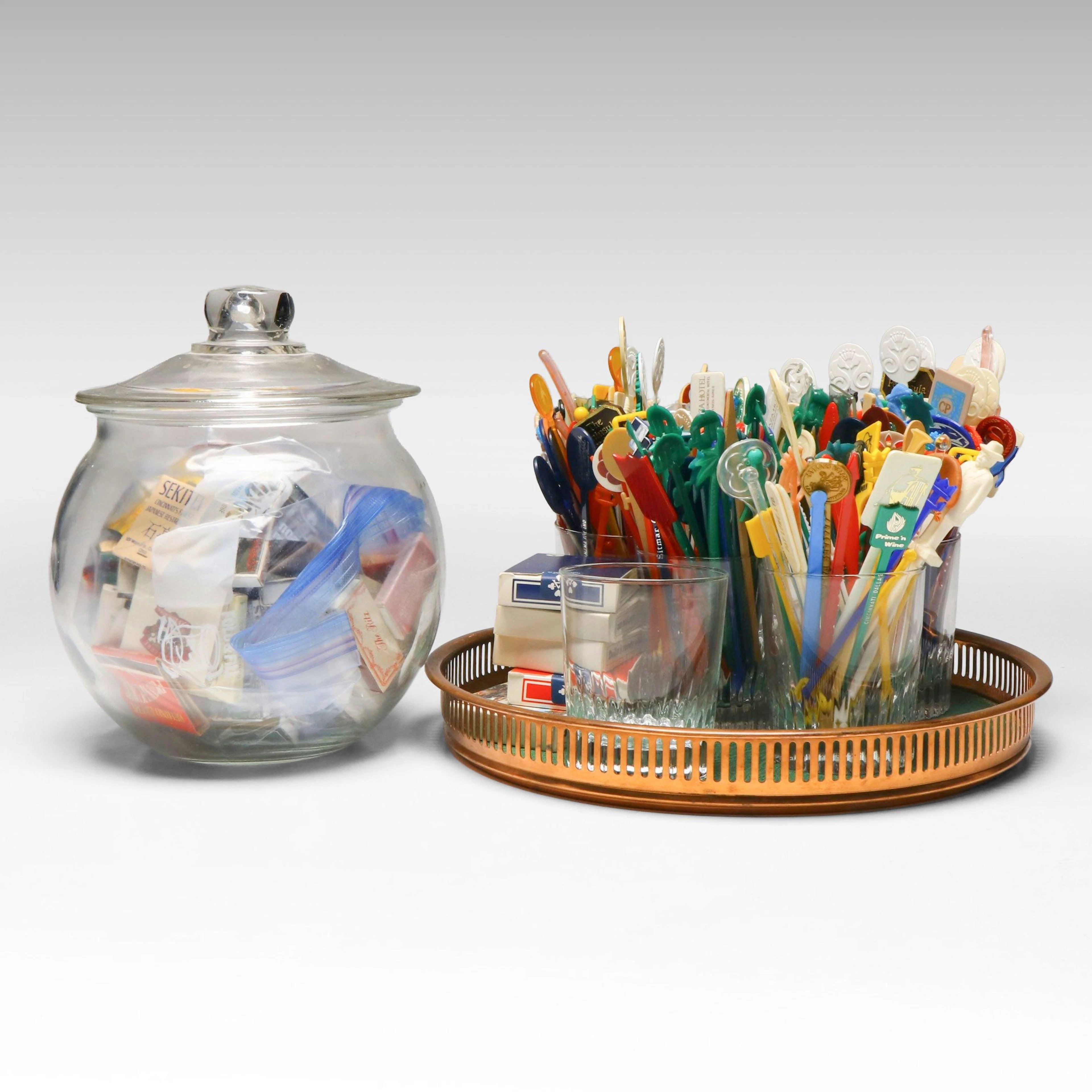 Souvenir Cocktail Stirrers and Matchbooks with Serving Tray and More Barware