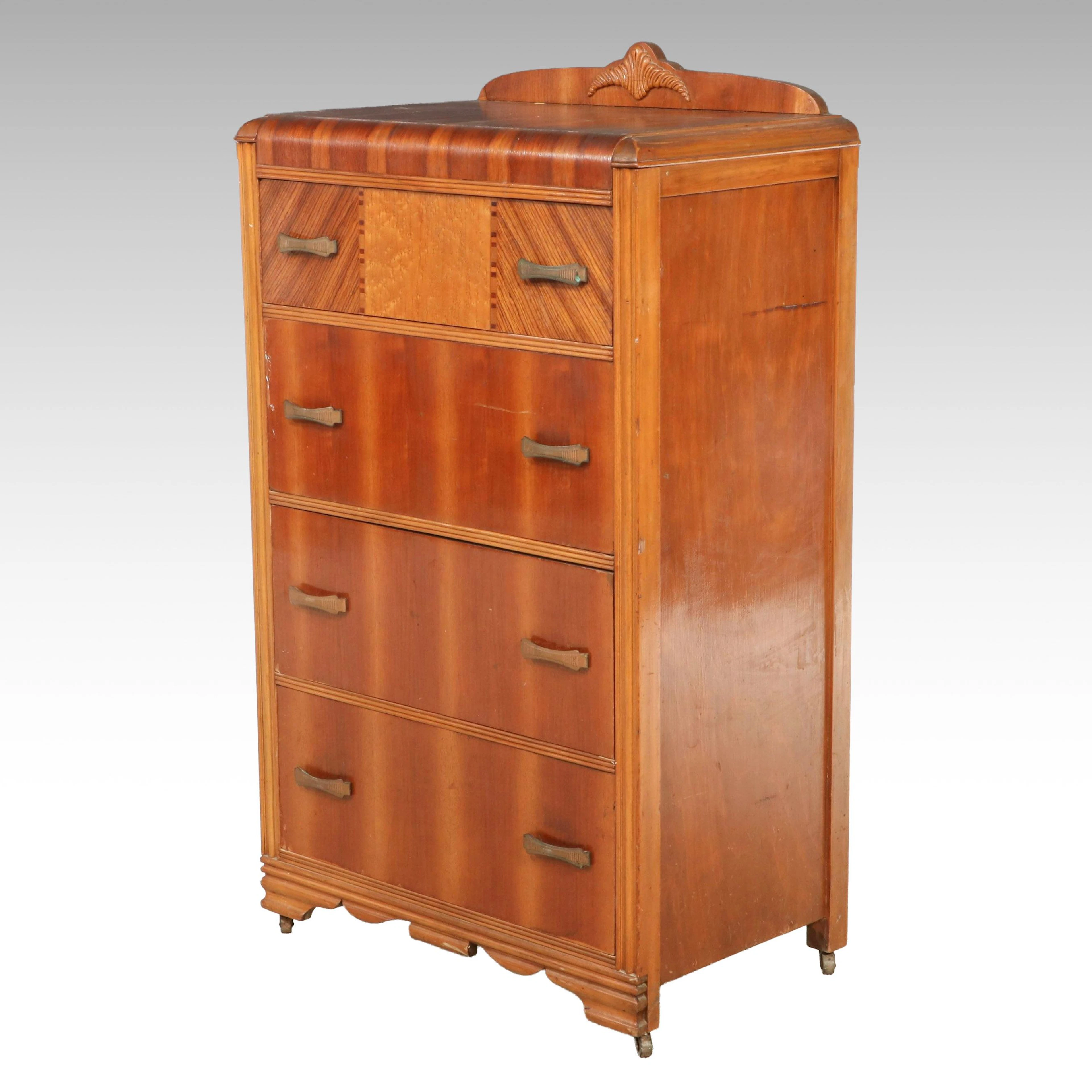 Vintage Art Deco Mixed Wood Veneer Waterfall Dresser, Circa 1930s