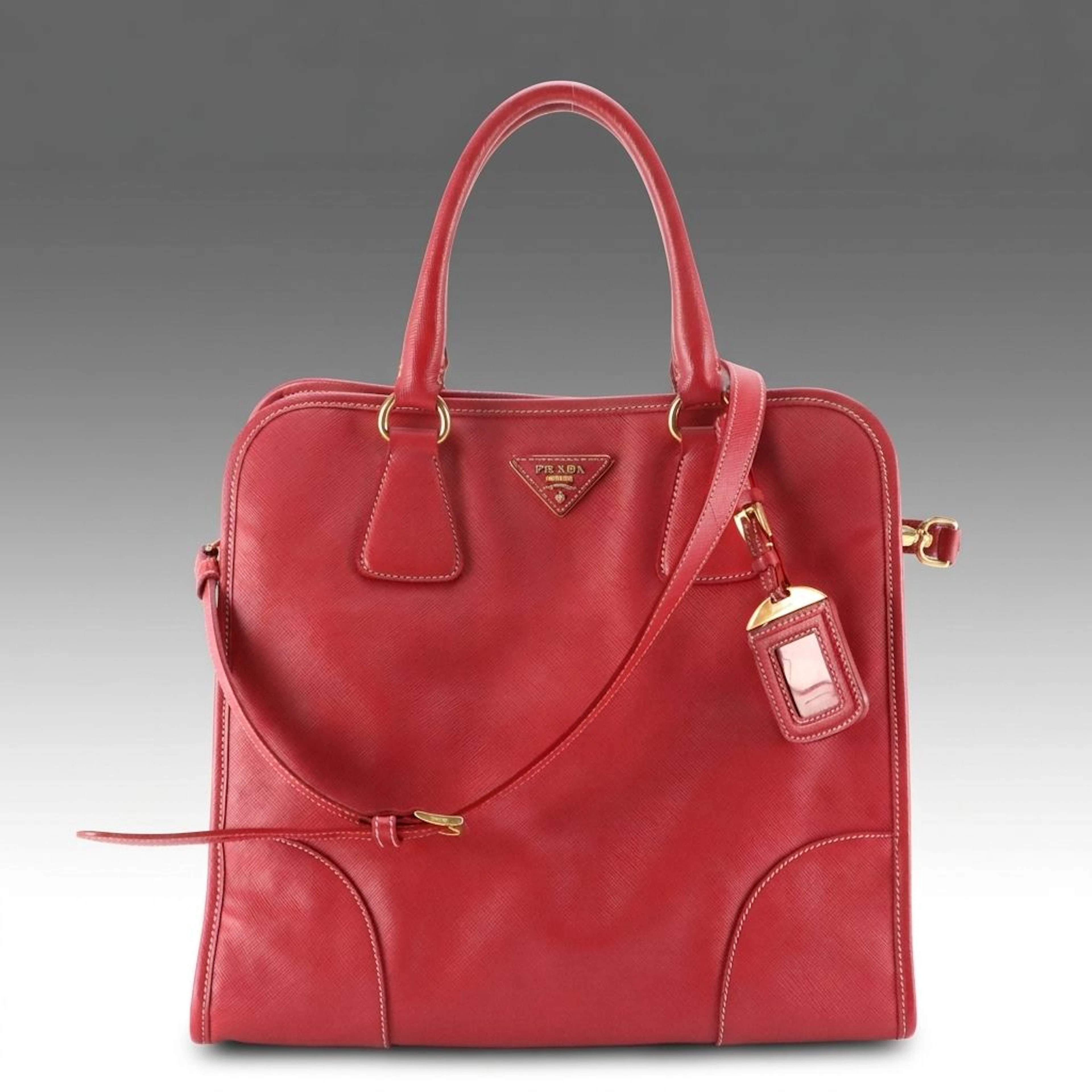 Prada Shopping Two-Way Tote Bag in Red Saffiano Lux Leather