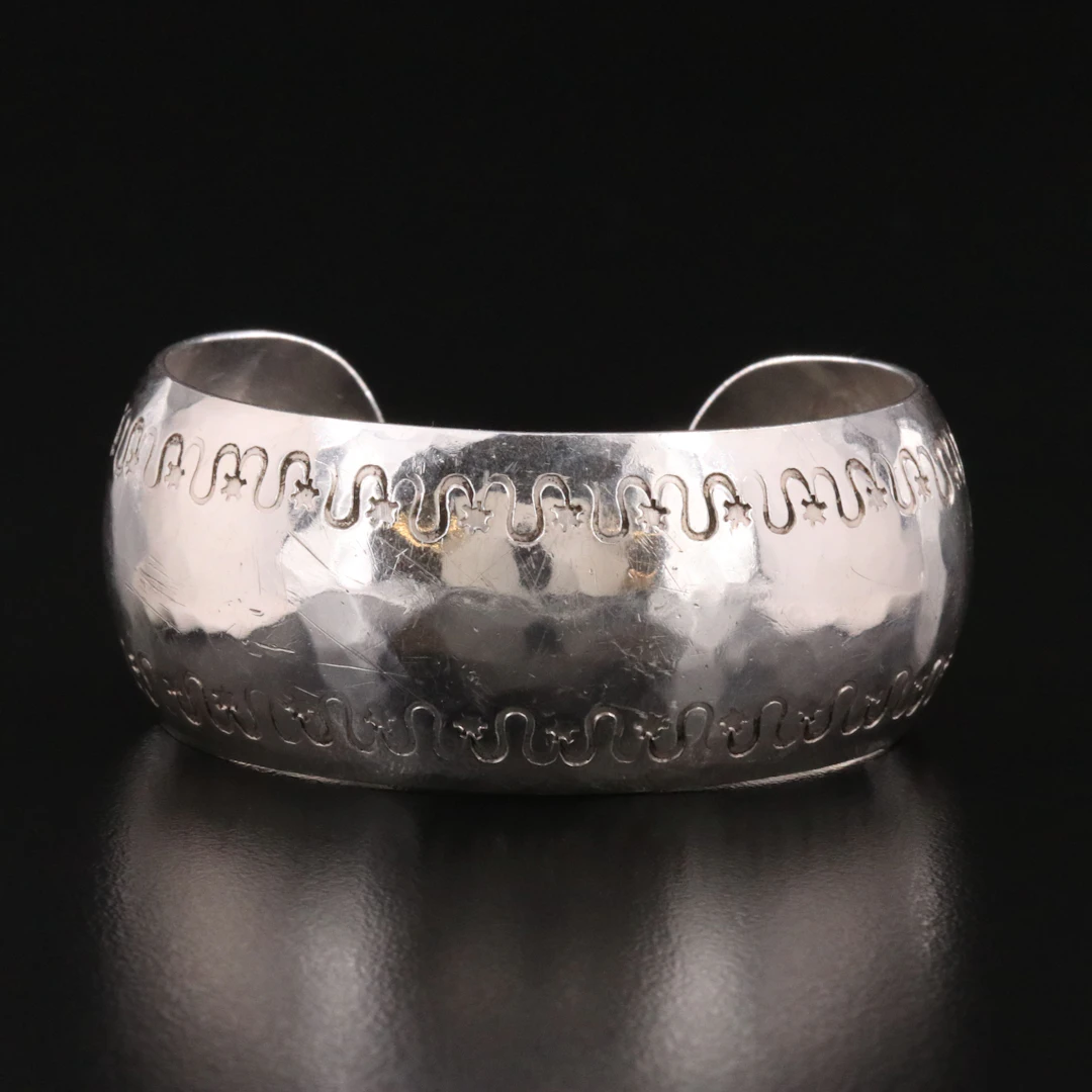 Vintage Sterling Cuff Bracelet with Star and Wave Pattern