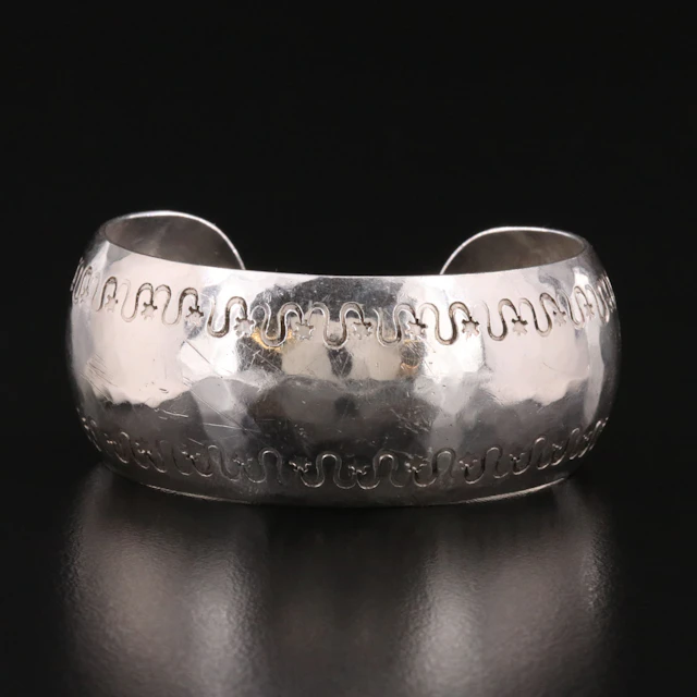 Vintage Sterling Cuff Bracelet with Star and Wave Pattern
