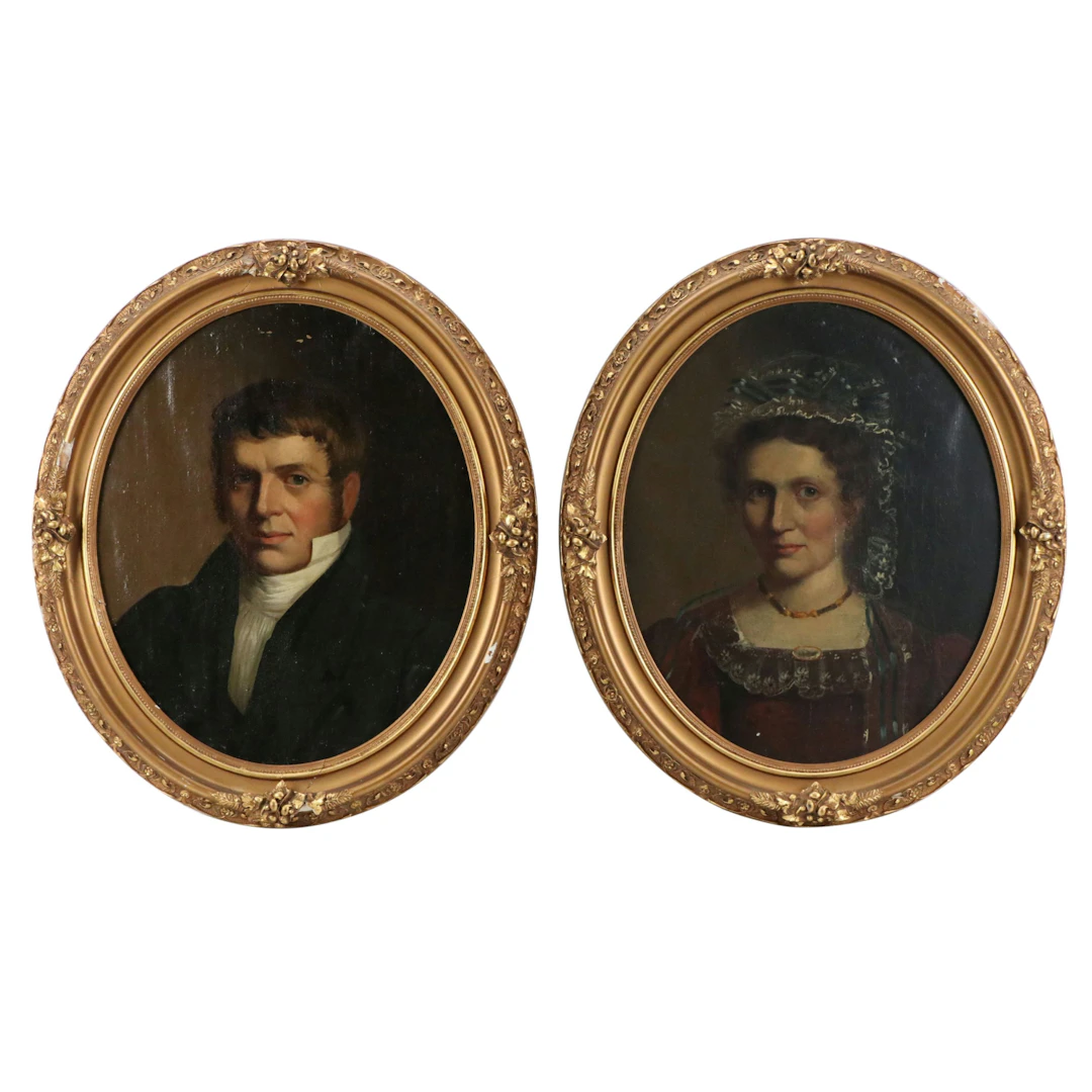 Pair of Oil Portraits of Distinguished Couple, Early 20th Century