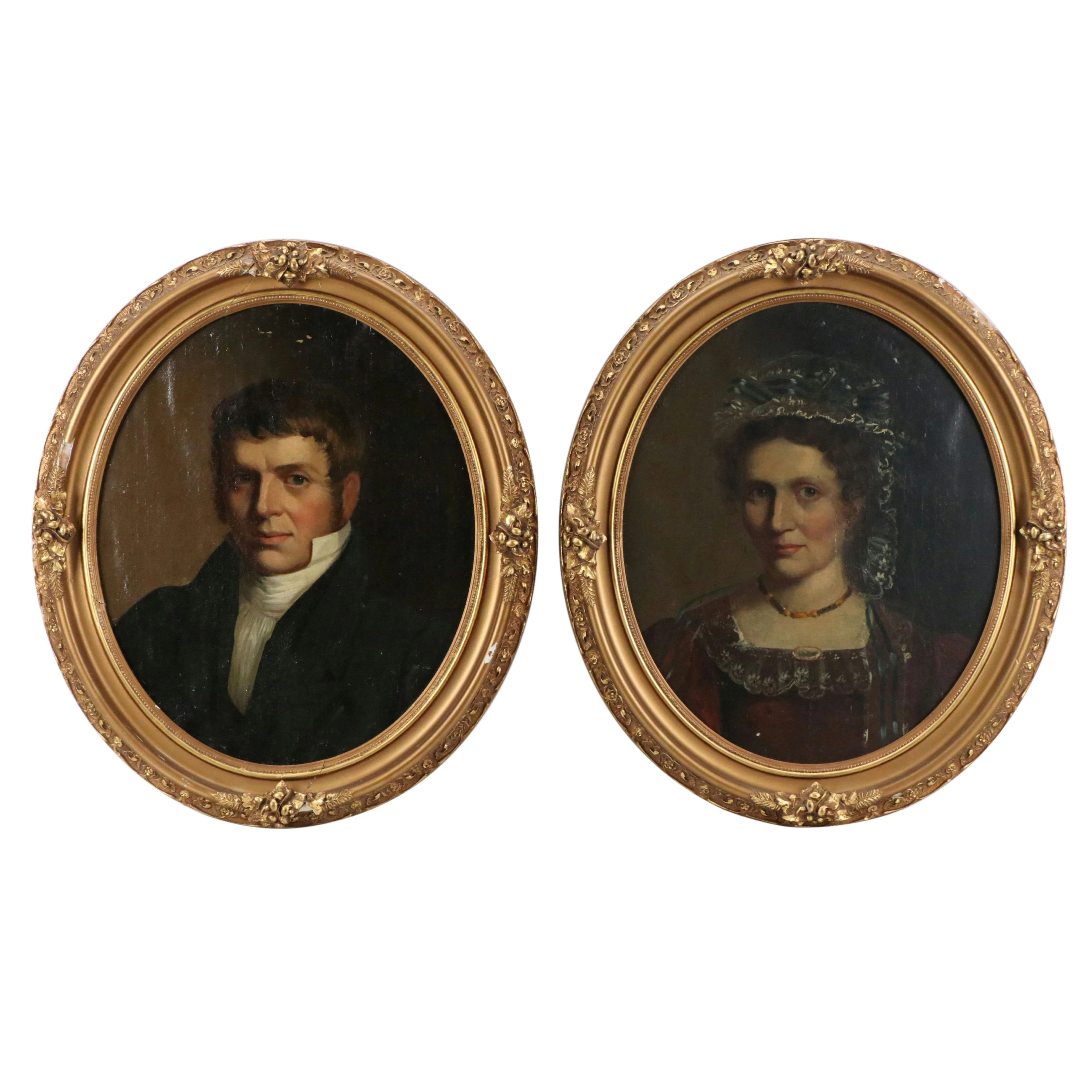 Pair of Oil Portraits of Distinguished Couple, Early 20th Century