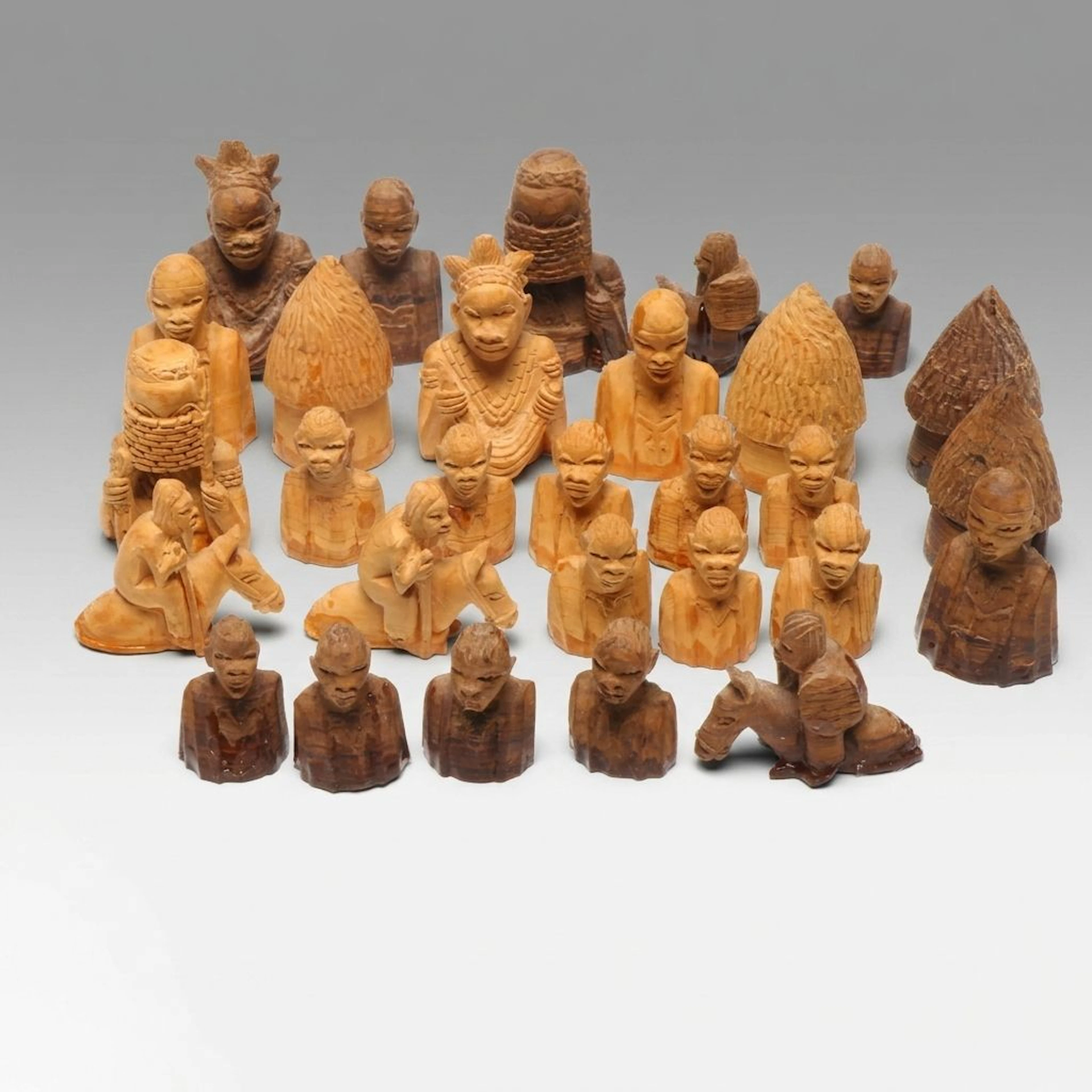 Nigerian Thorn Wood Carved Chess Set Figures, Mid-20th Century