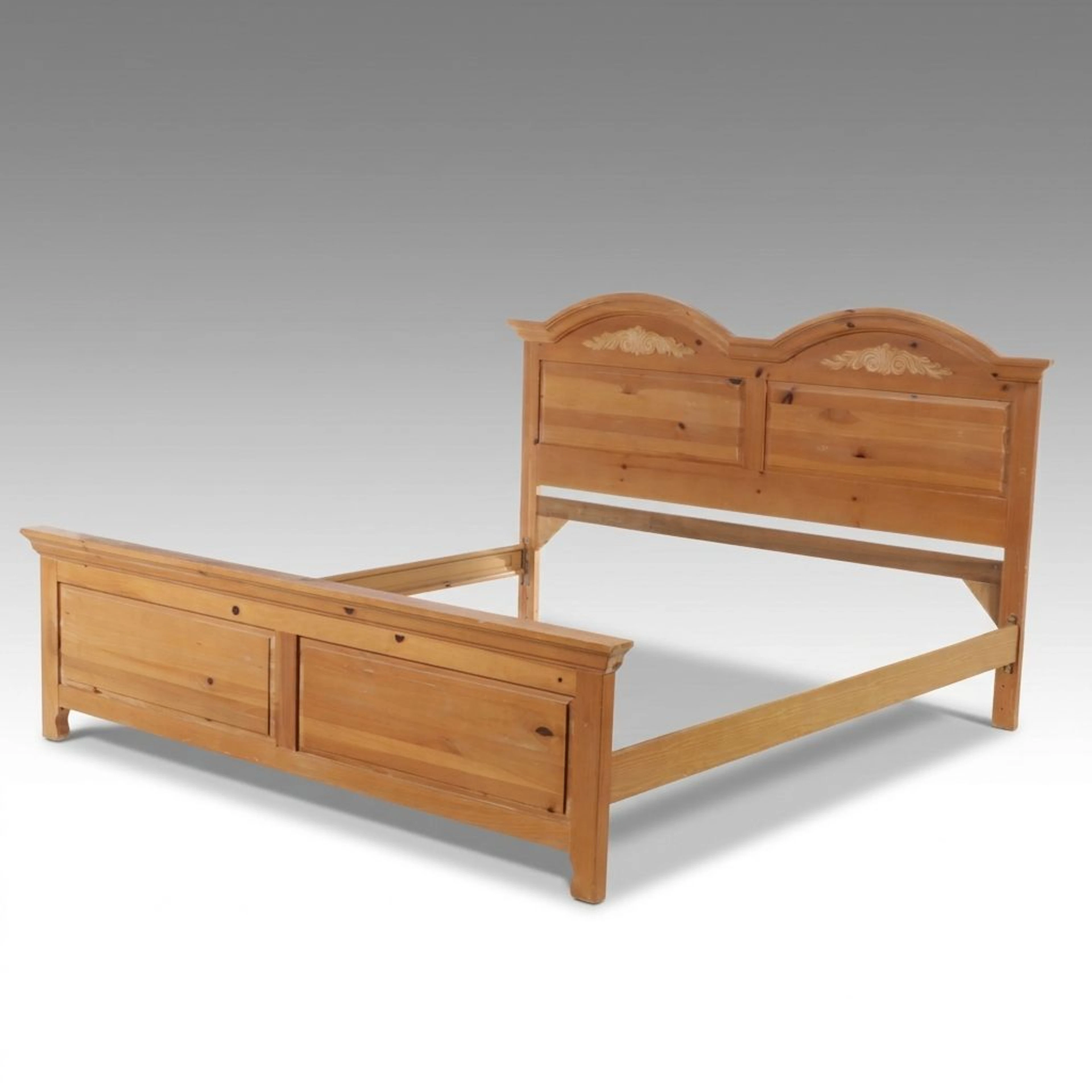 Country Style Pine Double-Arched Headboard King Bed Frame, Late 20th Century