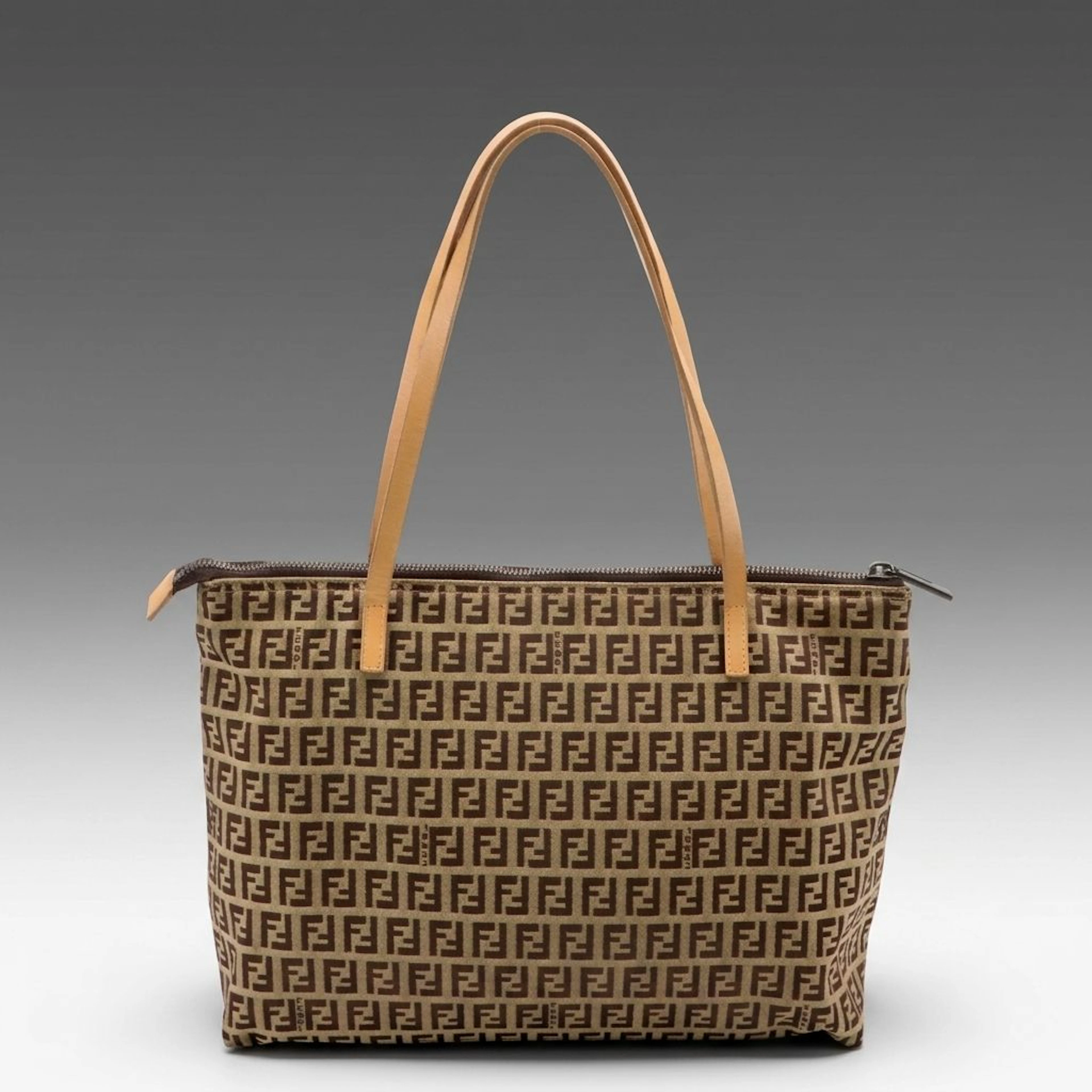 Fendi Small Zip Tote Bag 8BH023 in Zucchino Canvas with Leather Trim