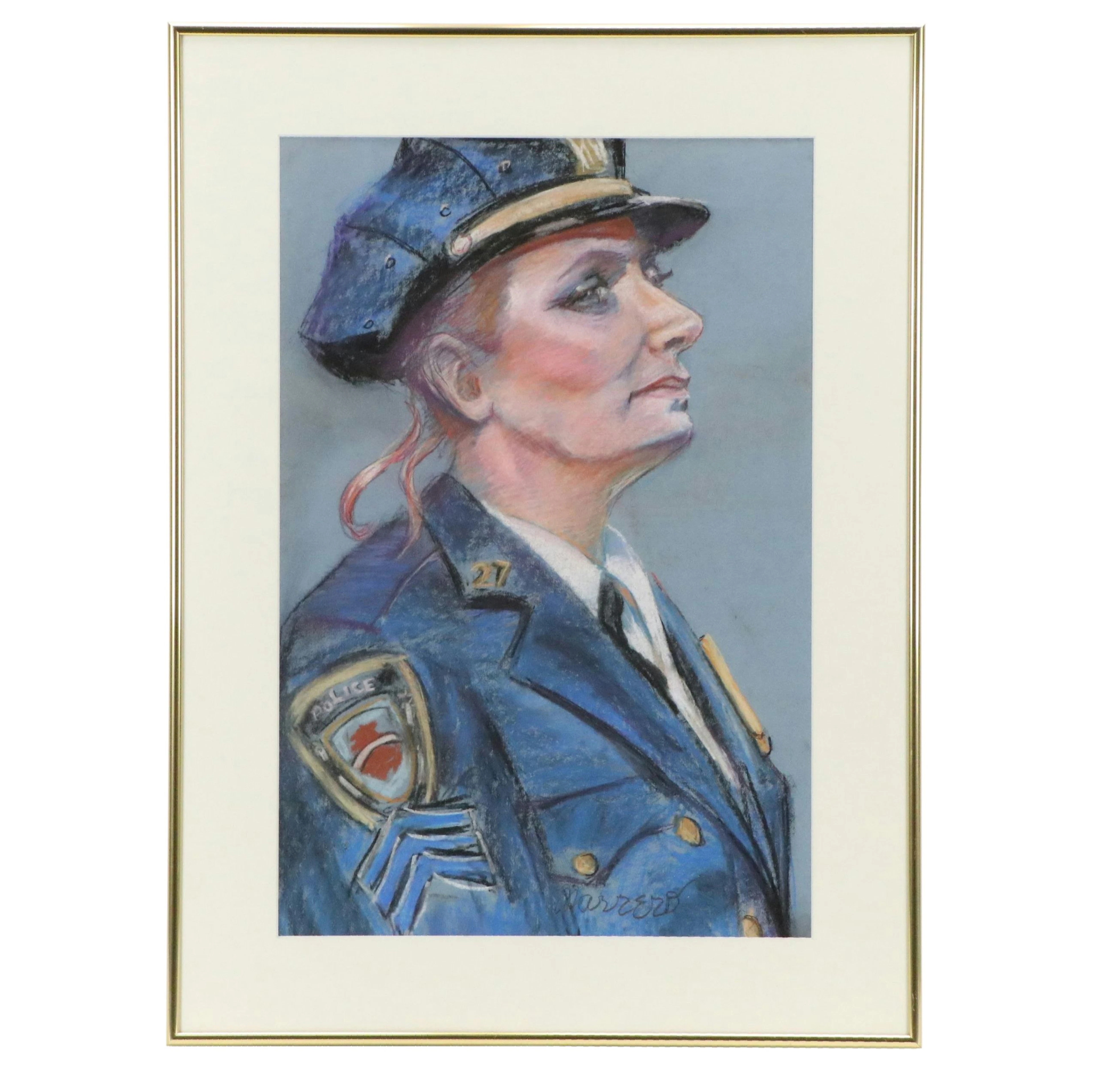 Edith Susarret Marrero Pastel Drawing "Officer," Late 20th to 21st C.