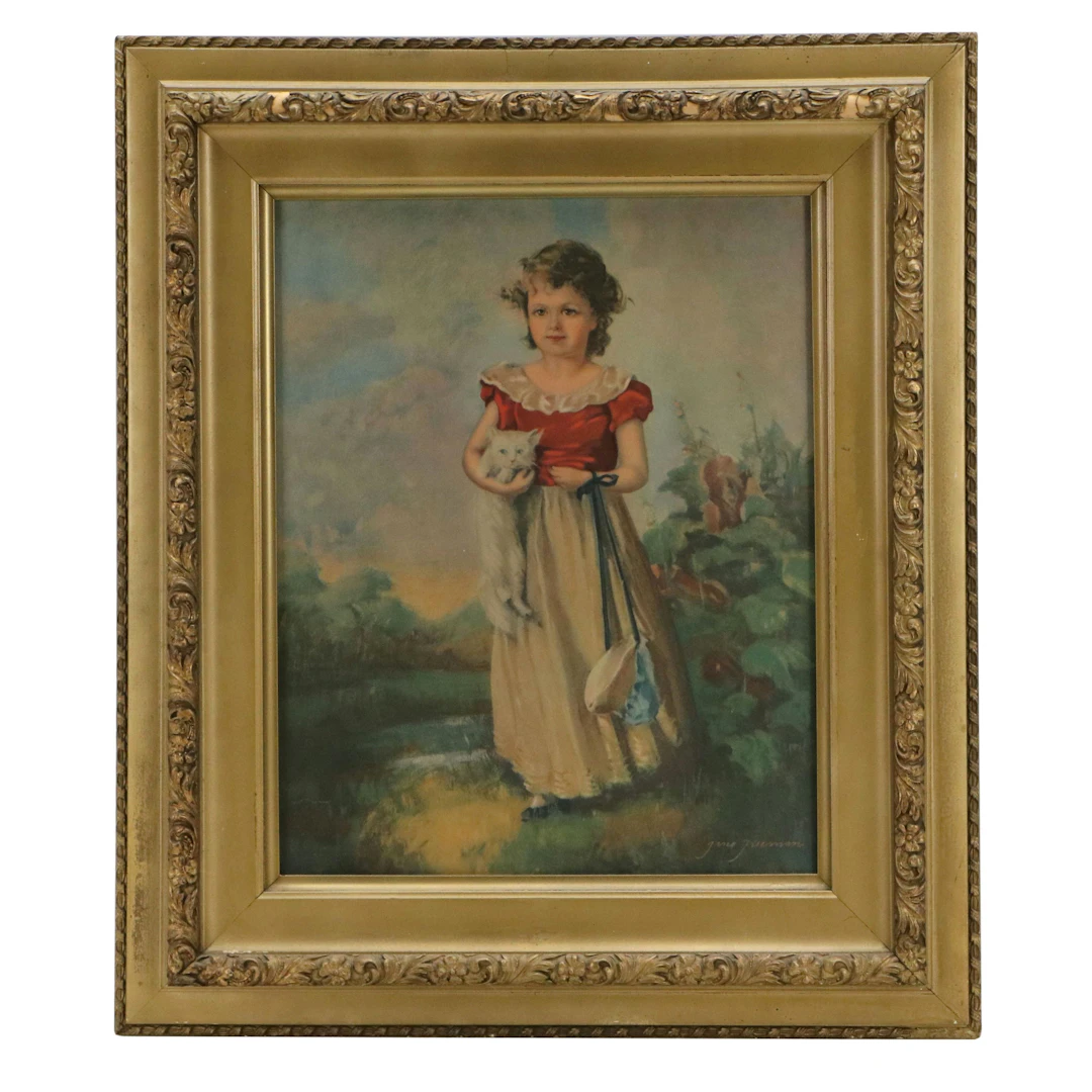 Offset Lithograph After Jane Freeman "A Lass with Her Kitten"