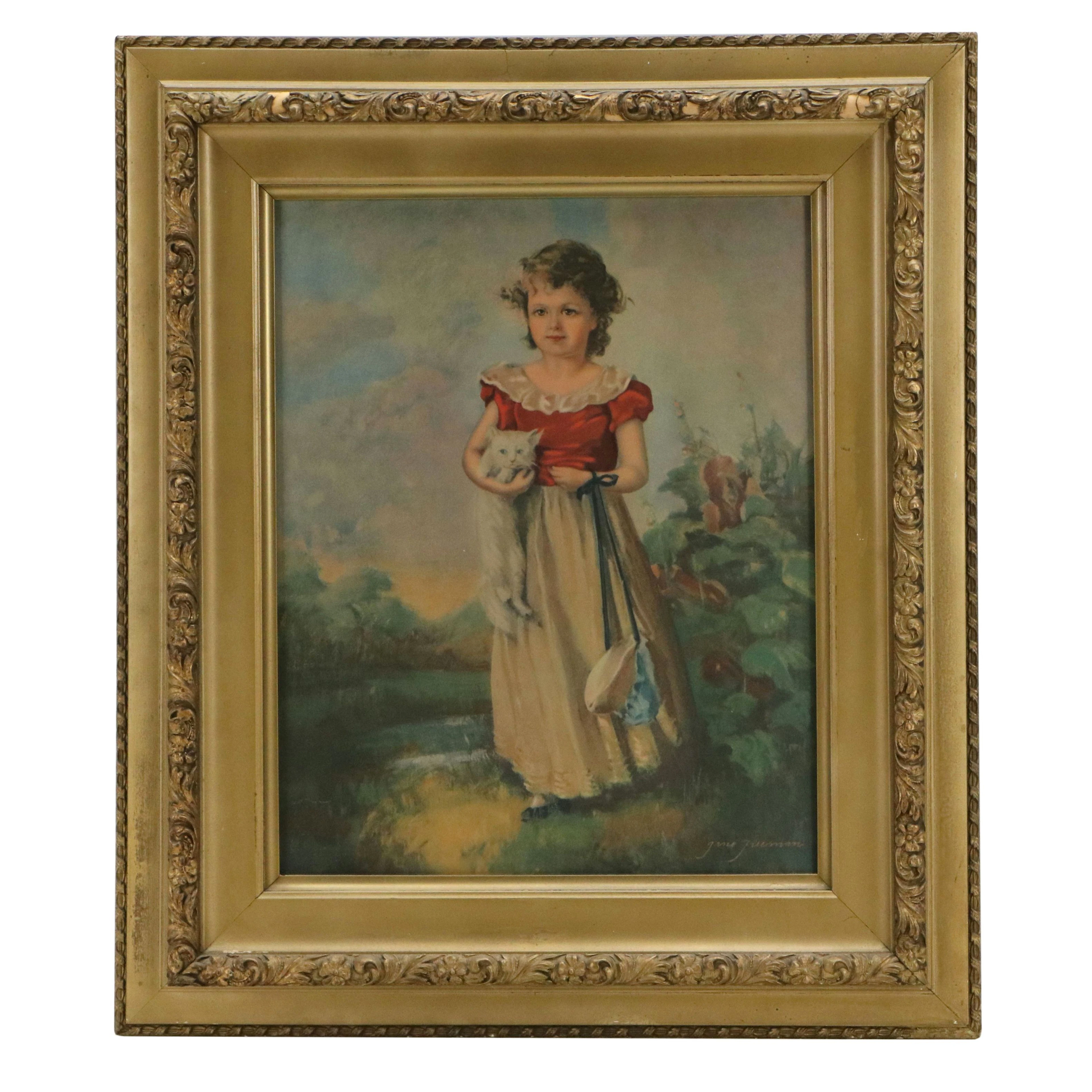 Offset Lithograph After Jane Freeman "A Lass with Her Kitten"