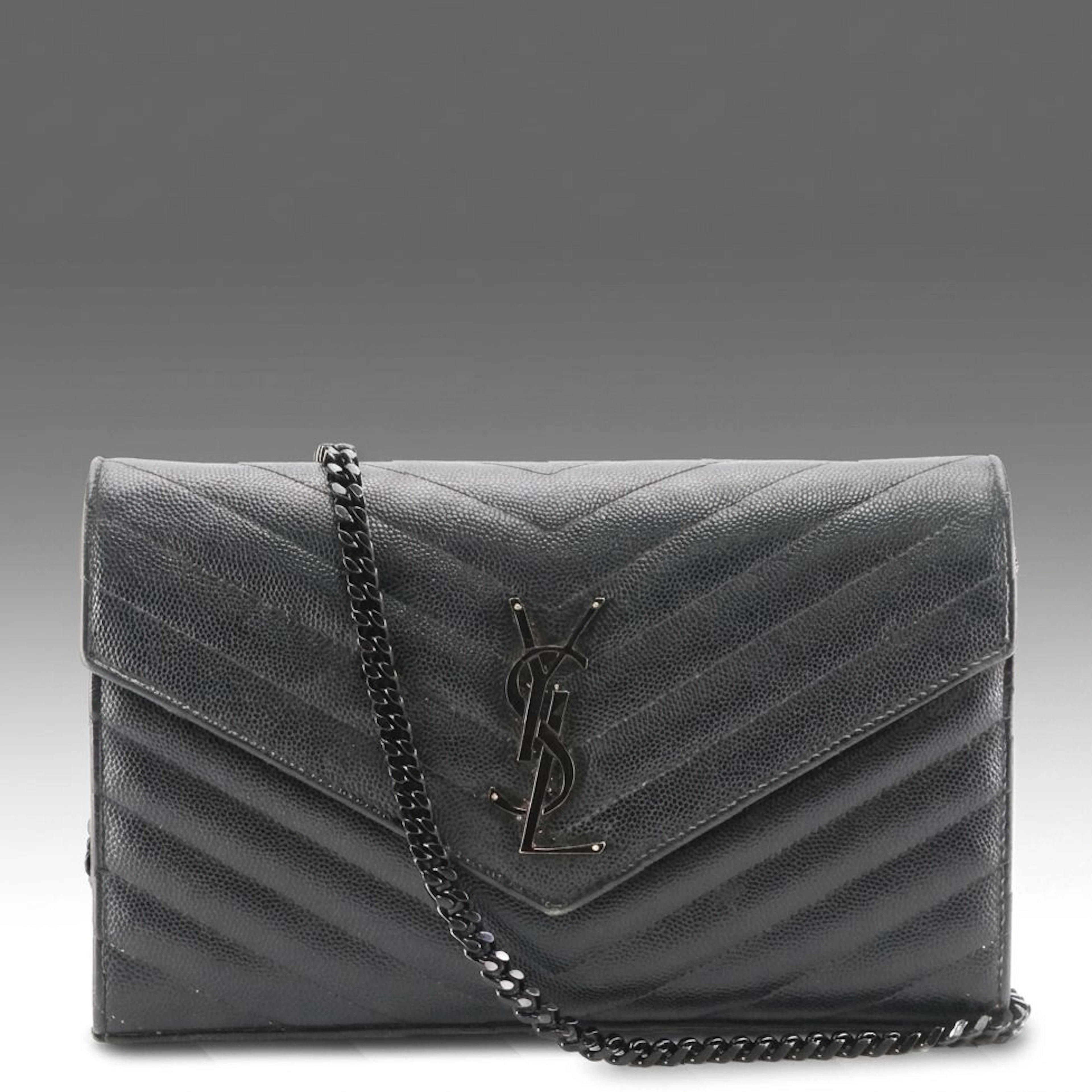 Saint Laurent Grain de Poudre Leather Cassandre Envelope Flap Wallet on Chain