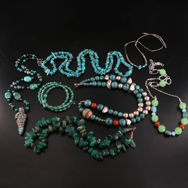 Collection of Necklaces Including Turquoise, Pyrite and Green Onyx