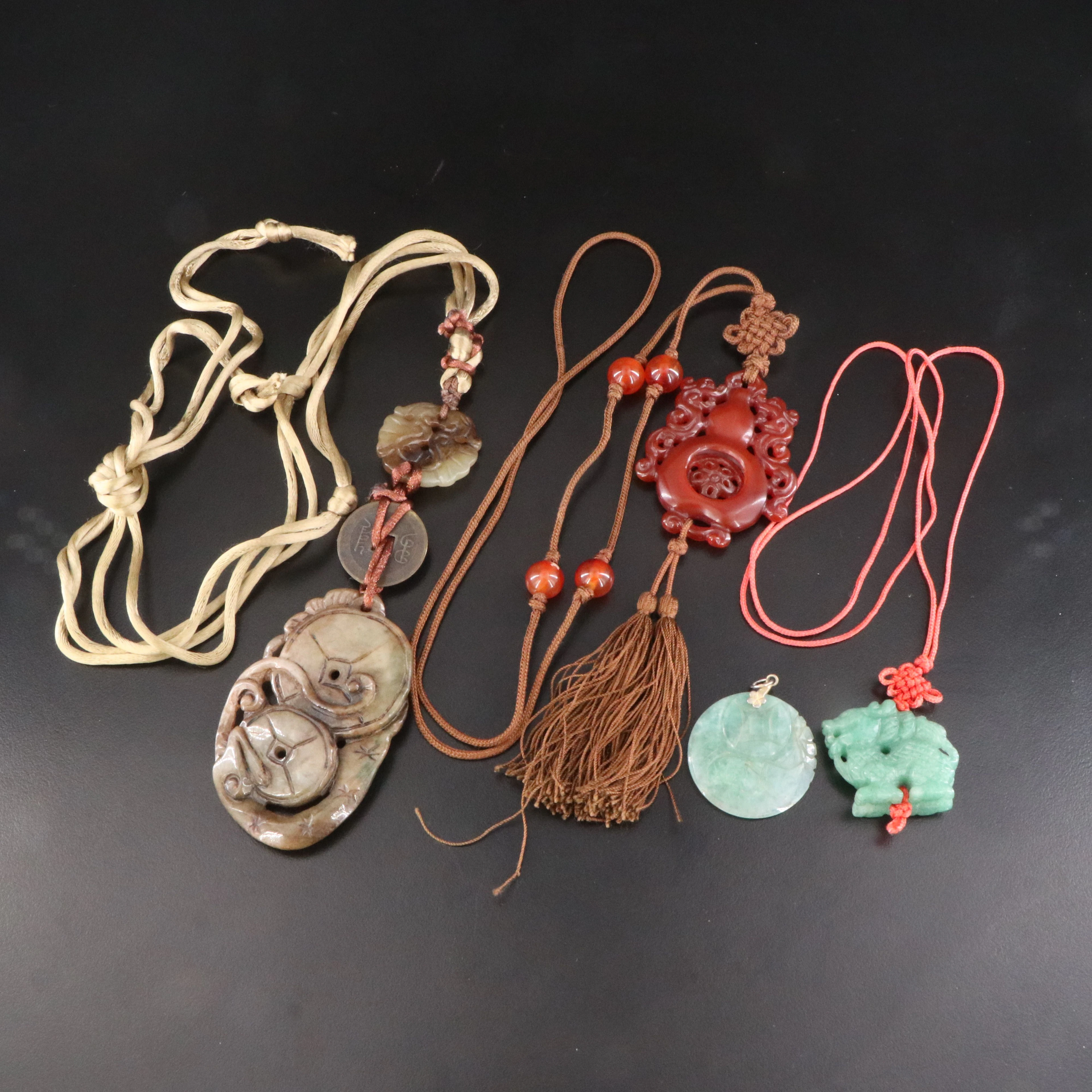 East Asian Necklaces and Pendant Including Aventurine, Serpentine and Carnelian