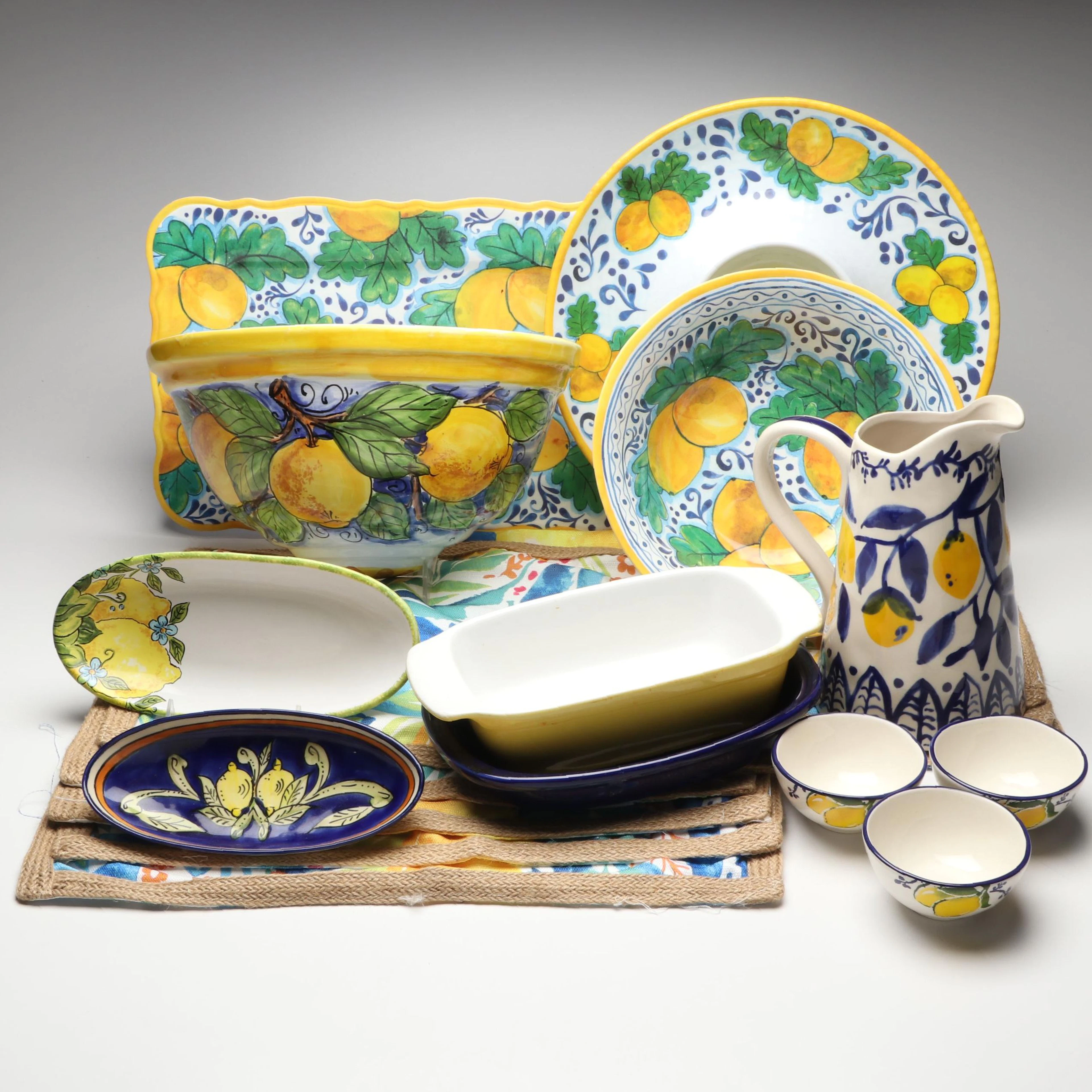 Italian Hand-Painted Ceramic and Nicole Miller Lemon Pattern Serveware