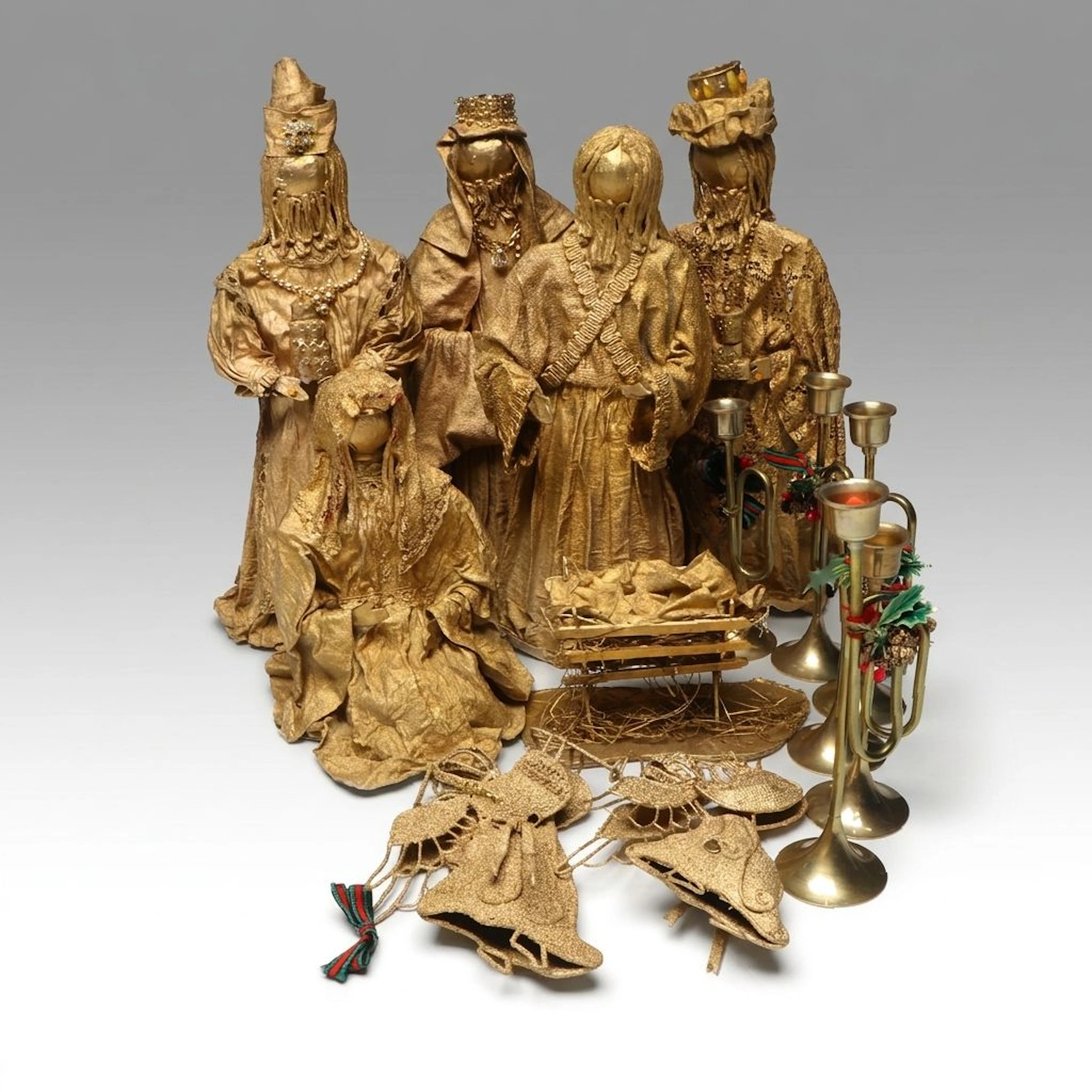 Gold Tone Stiffened Fabric Nativity Figurines with Trumpet Candle Holders