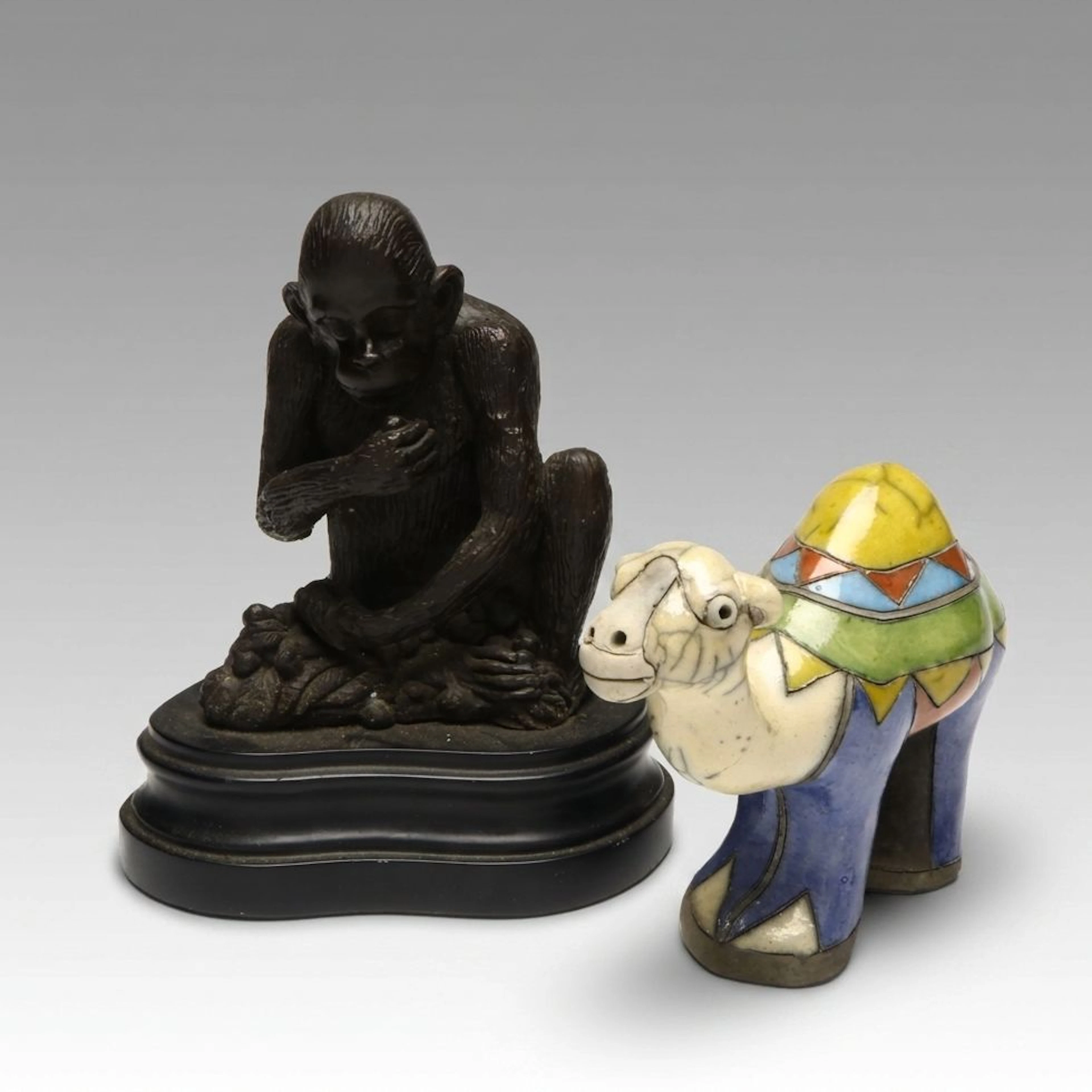 South African Handmade Ceramic Camel with Bronze Monkey on Wood Base