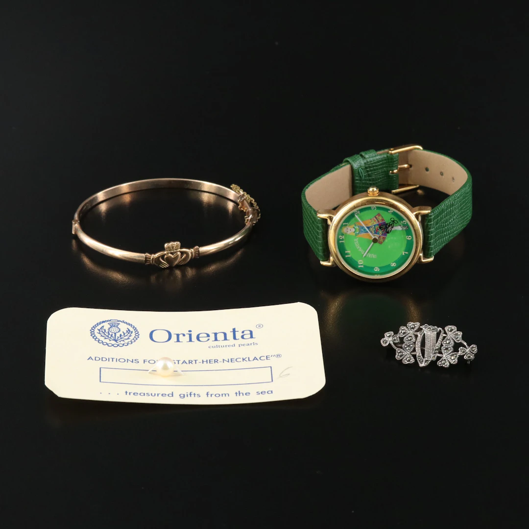 Sterling Harp and Clover Brooch and Pearl Featured in Irish Jewelry