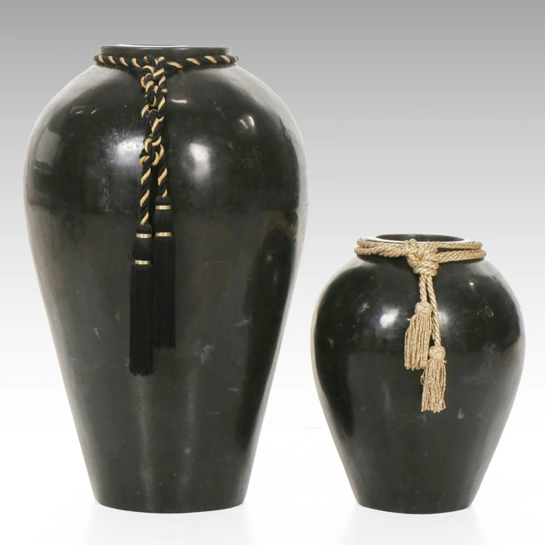 Pair of Tessellated Black Stone Floor Vases