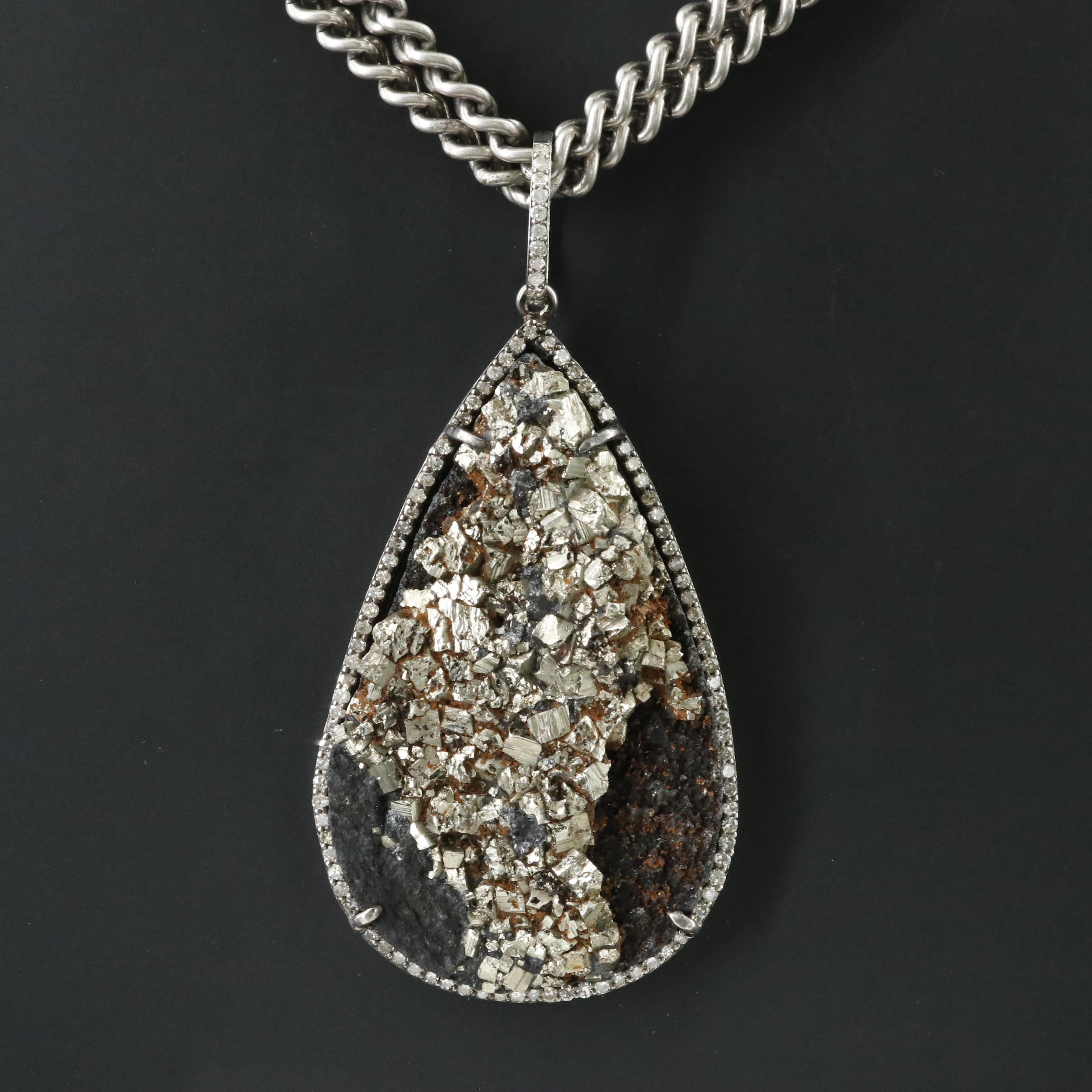 Sheryl Lowe Sterling Druzy Pyrite and Diamond Pendant Necklace