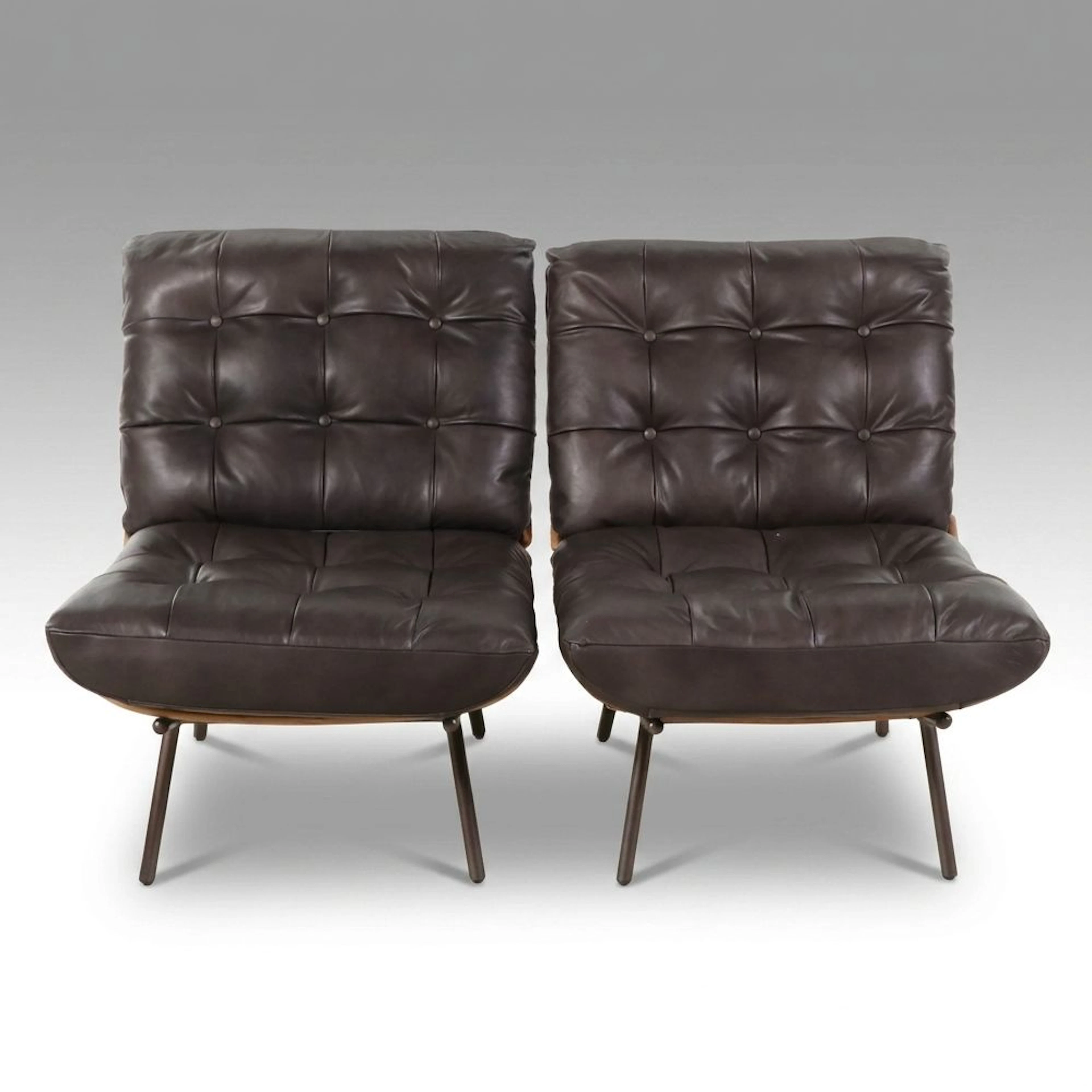 Pair of Industrial Modern Style Tufted Leather and Wood Lounge Chairs